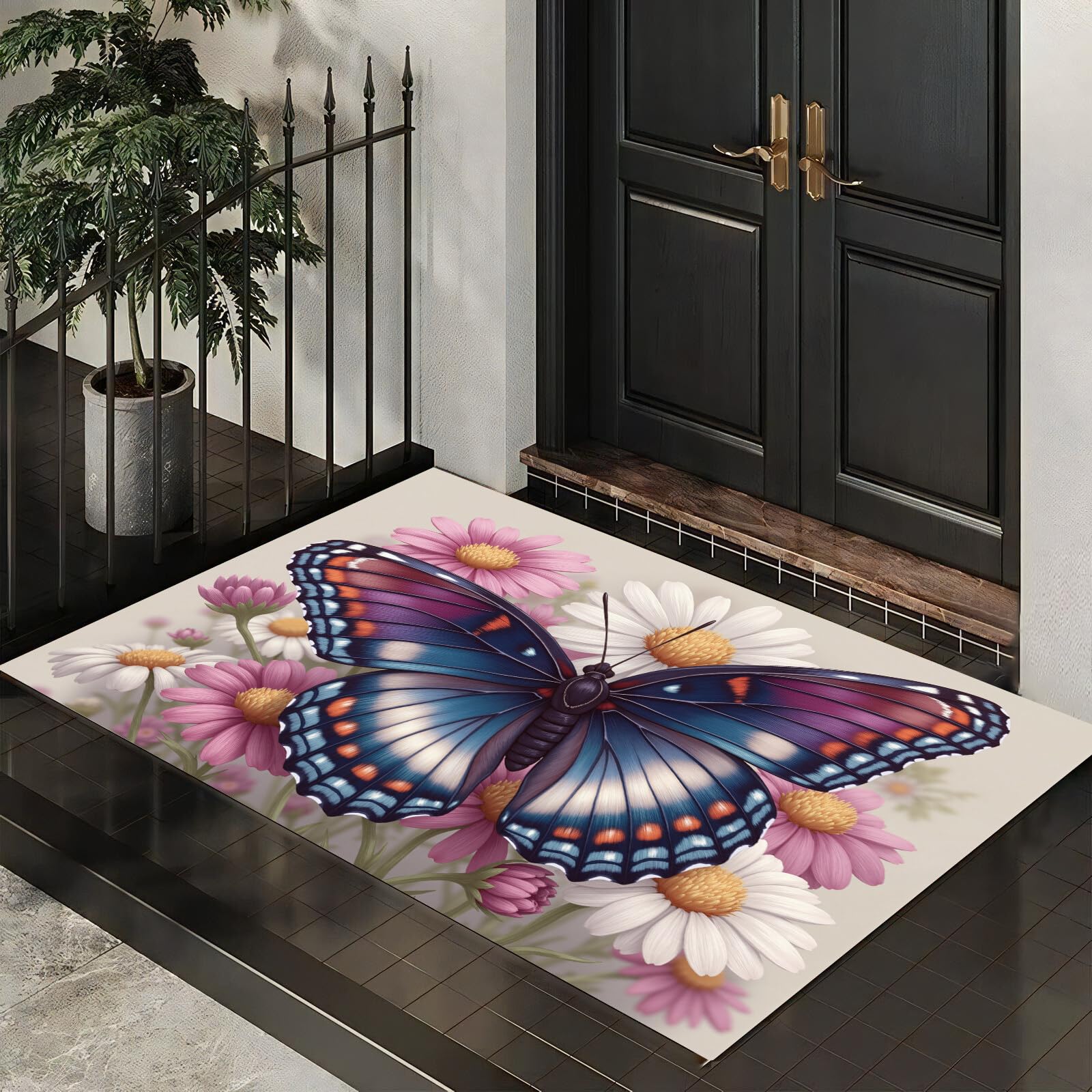 Paillassons intérieur fleurs papillons bleu tapis lavable 50x80cm
