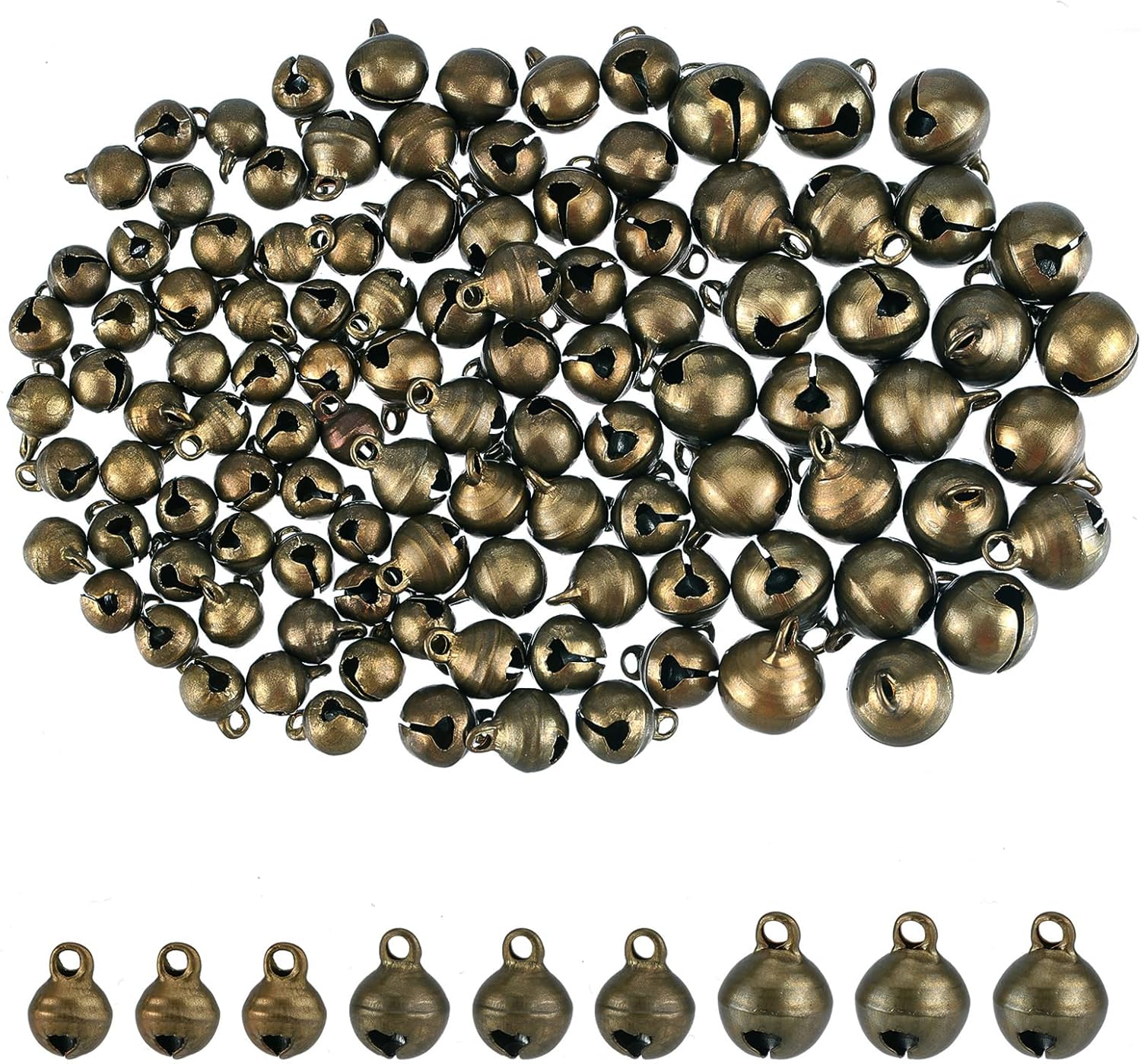 CHGCRAFT 240Pcs 3Sizes Mini Jingle Bell Vintage Bronze Small Elliptical Antique Brass Bell for Crafts and Christmas Halloween Festival Decor,8-12mm