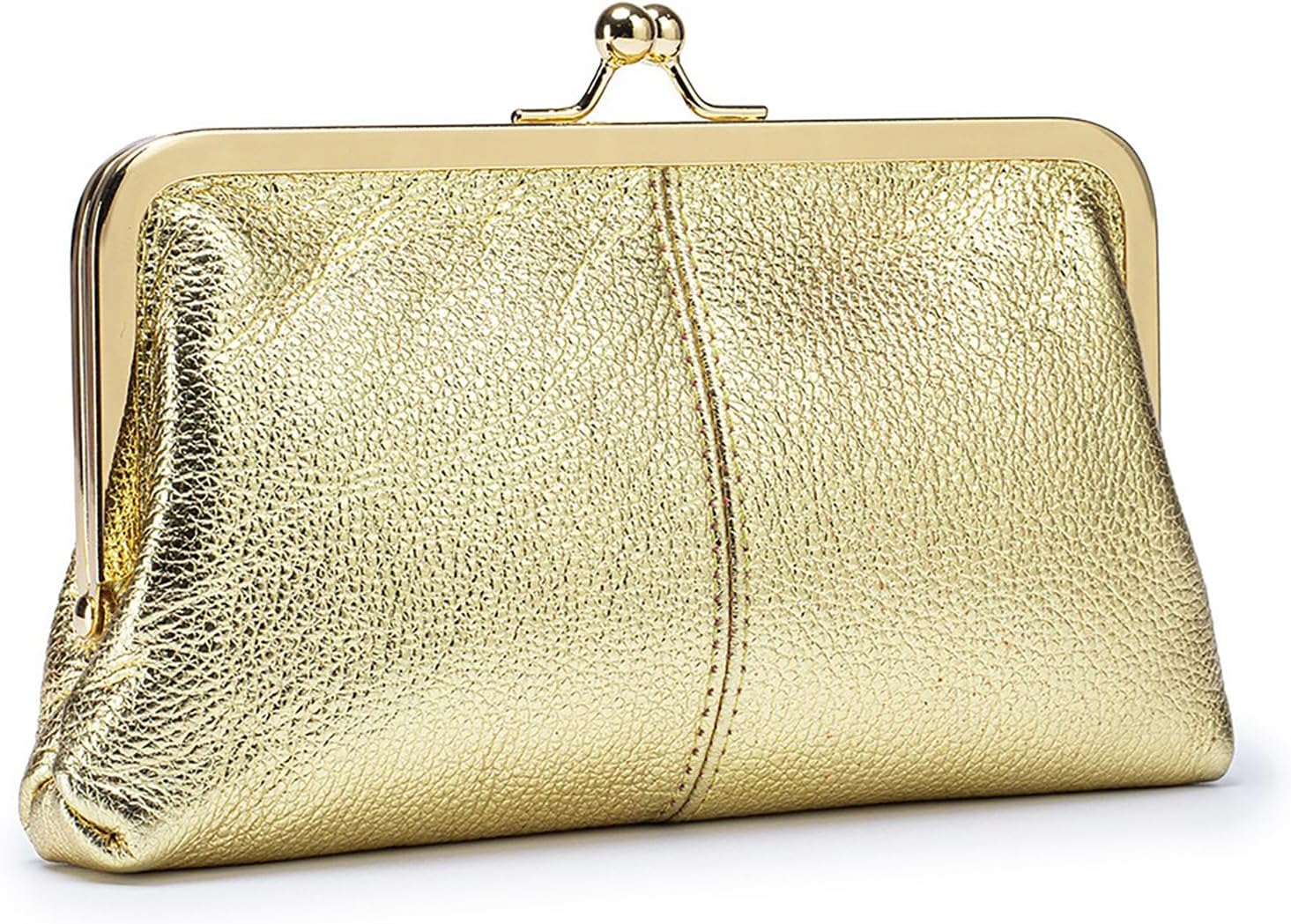 Vintage Kiss Lock Wallet for Women, Genuine Leather Multi-card Slots Card Holder Clutch Purse Travel Wallet (Metallic Purple)