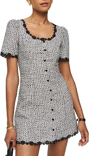Women's Square Neck Tweed Mini Dress Short Sleeve Button Front Cocktail Party Dress