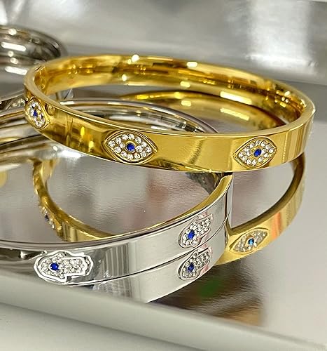 Miniatura 4 de My Daily Styles Pulsera de acero inoxidable con circonita cúbica blanca y azul con protección Hamsa contra el mal de ojo