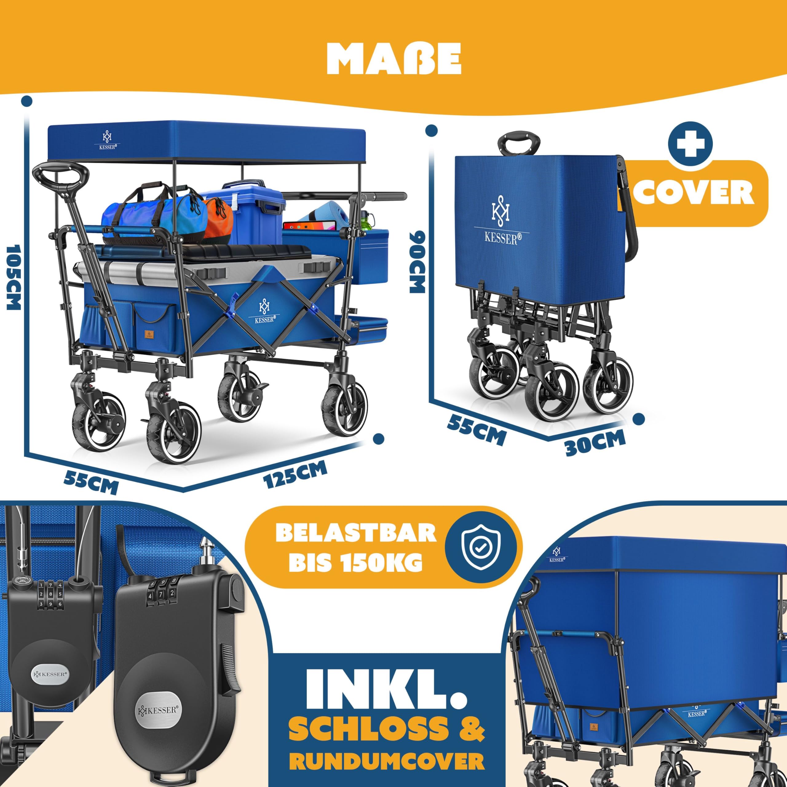 KESSER® GTS-9100 Chariot de transport pliable, toit, 150 kg, roues en caoutchouc dur, freins, serrure, couverture, intempéries, brise-vue