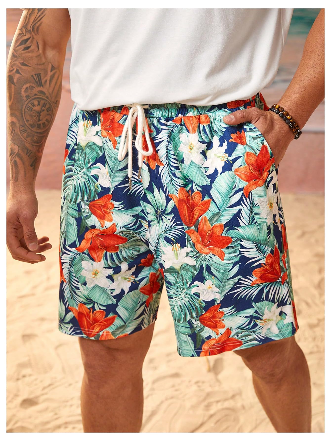 Floerns Conjunto de 2 piezas para hombre, camiseta con estampado de árbol y pantalones cortos de playa