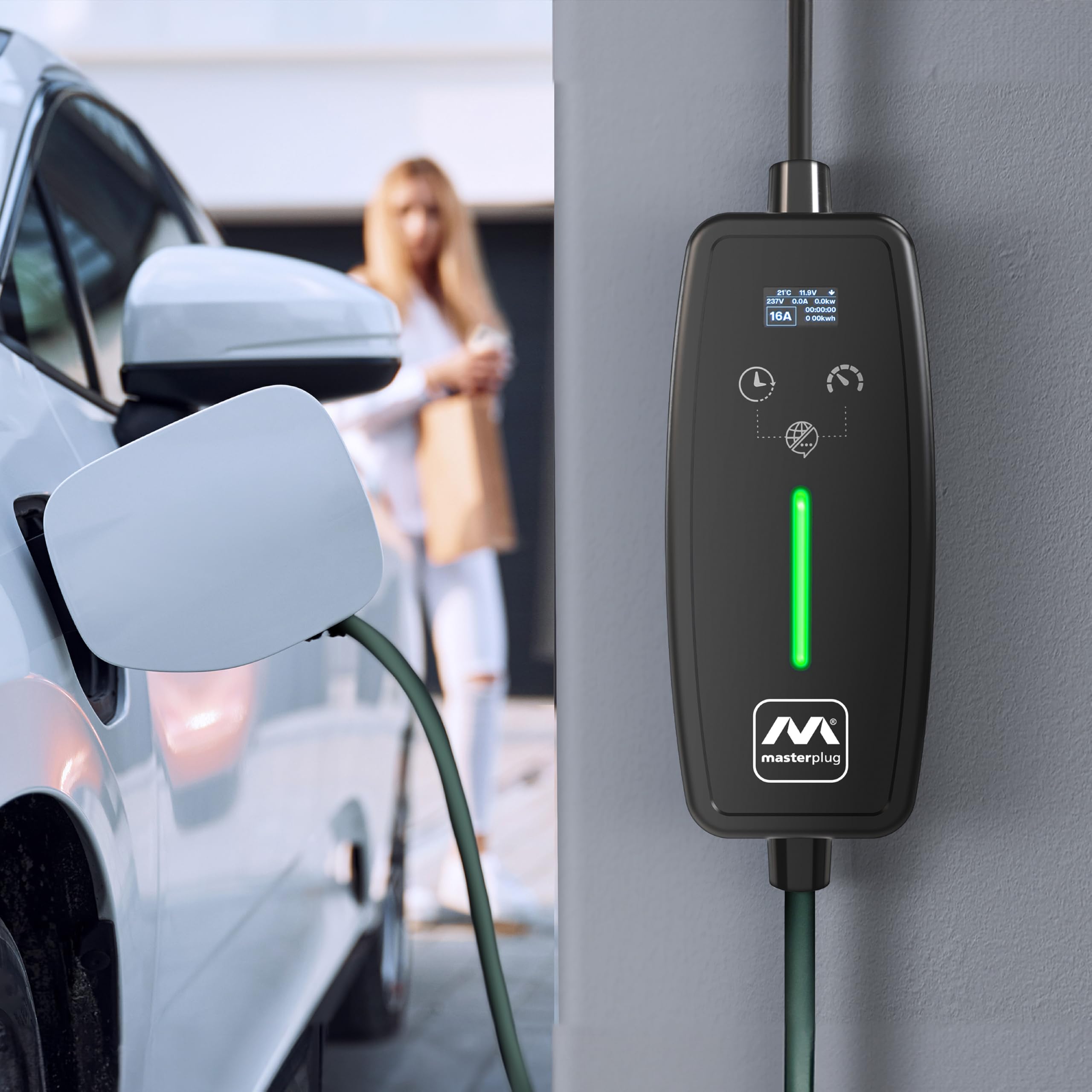 Masterplug Cable de Carga VE para Vehículos Eléctricos e Híbridos, 10 Metros, Modo 2, Enchufe Schuko de 3 Pines EU a Cargador de Coche Tipo 2, 3,6kW, 16A, EVCM221610G/EU