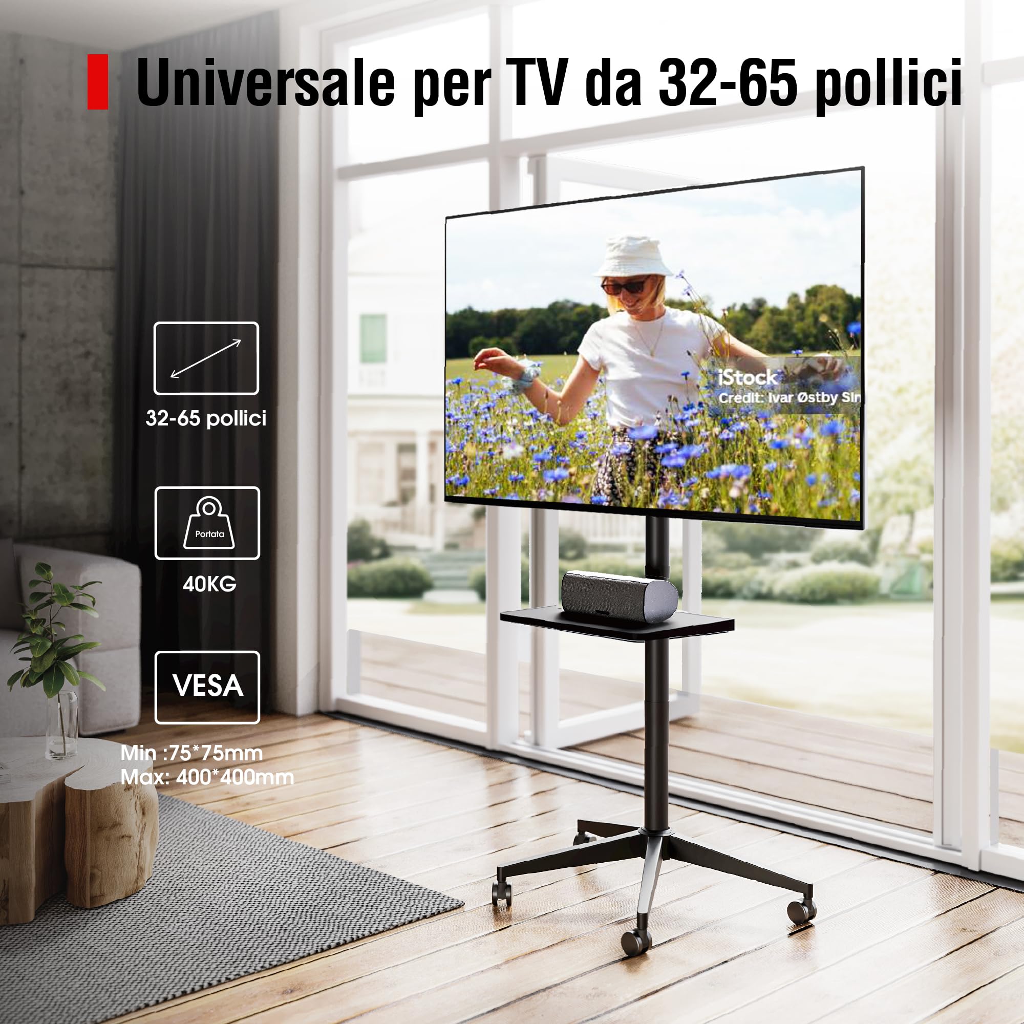 AOKCOS Carrello Porta TV 174cm Inclinabile, 32-65 Pollici Supporto TV da Pavimento Altezza Regolabile, Porta TV da Terra Max VESA 400x400mm 40kg