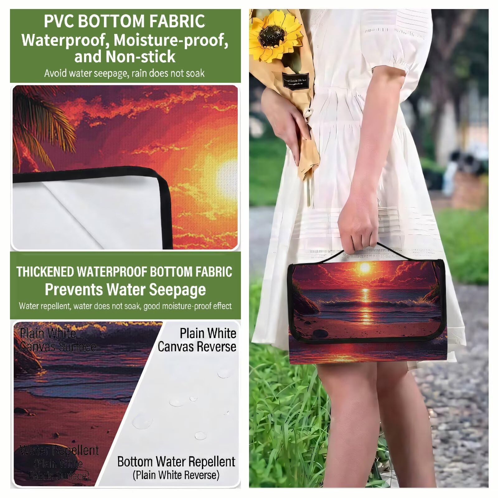 Couverture Pique Nique Grande 200x300cm,Outdoor Couverture Imperméable,Pliable Tapis de Plage Dos en PVC,Picnic Blanket pour Camping Accessoires,Jardin,Parc,Famille - Coucher de Soleil,Paysage UZ-277
