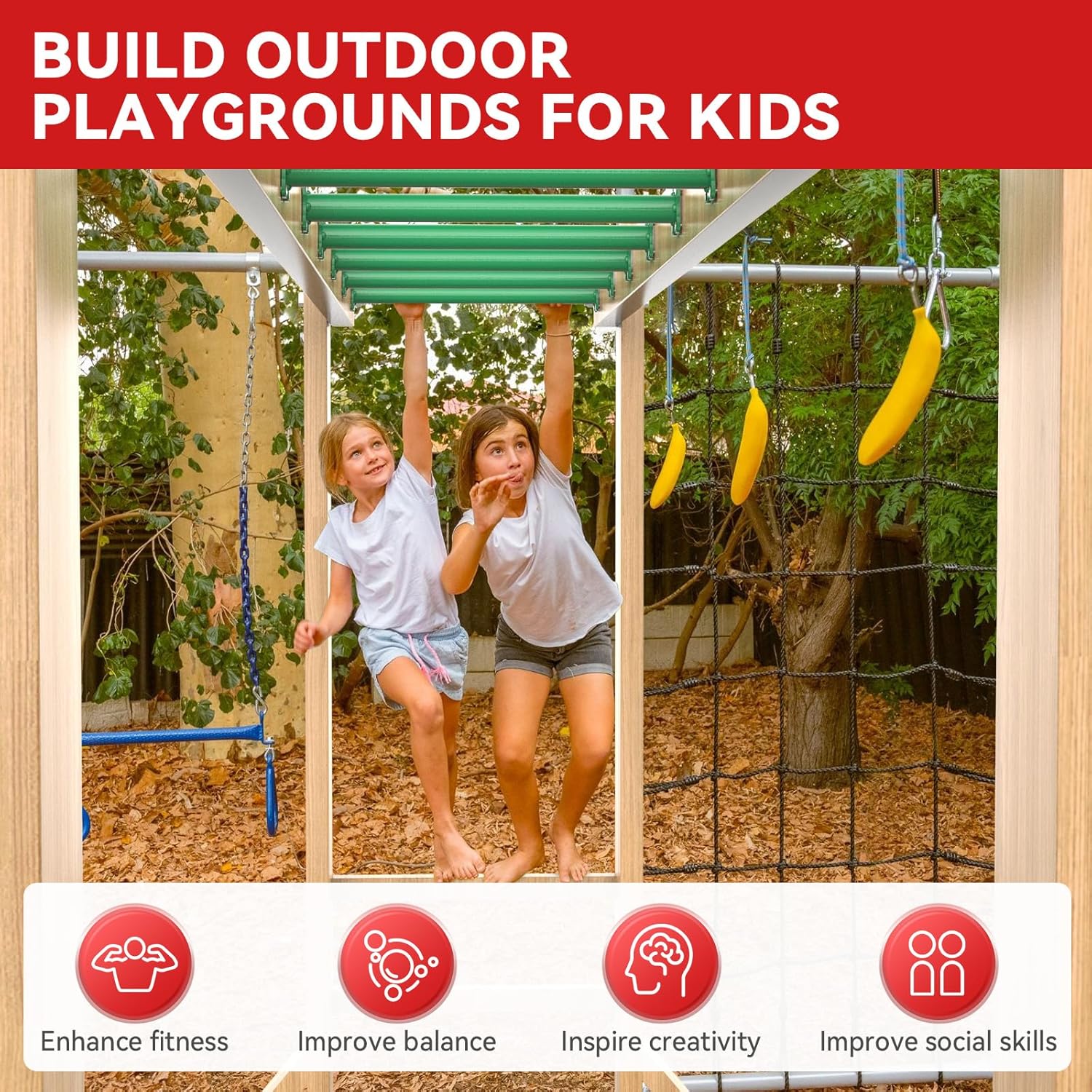 16.5 Inch Monkey Bars Kit Playground Ladder Rungs for Backyard Indoor Outdoor Kids Metal Bars Swing Set Playset Accessories (Green, 12 Pcs)