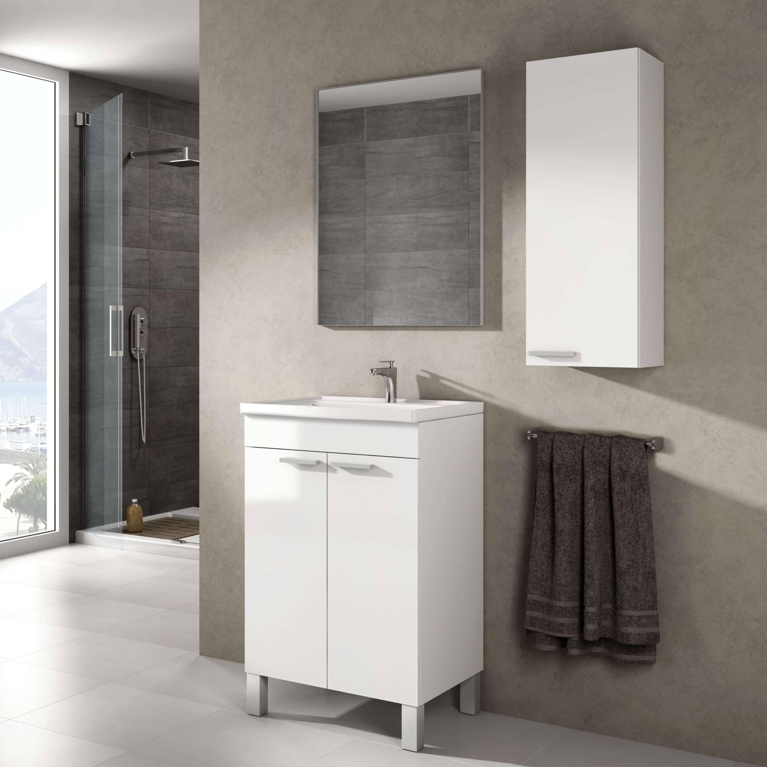 Mueble de Baño Camelia Estilo Contemporáneo en Color Blanco con 2 Puertas y Espejo 50x80x40 cm (Lavabo Cerámico)