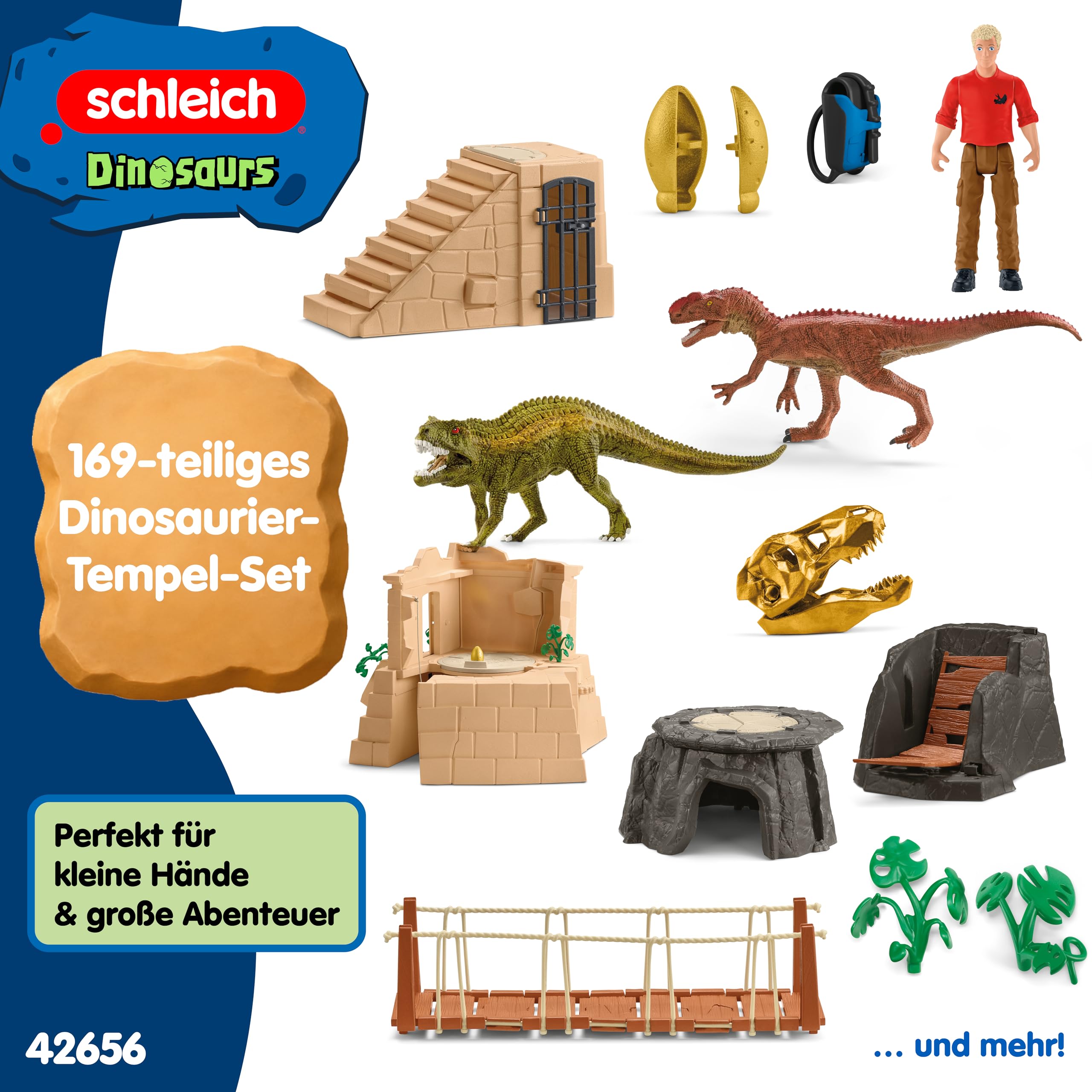 Schleich Dinosaurs 42656 | Dino Tempel-Eroberung Mega-Set | 169 Teile | mit Flynn, 2 Dinos und einem Schatz | tolles Geschenk für Mädchen und Jungen | Spielzeug ab 5 Jahren