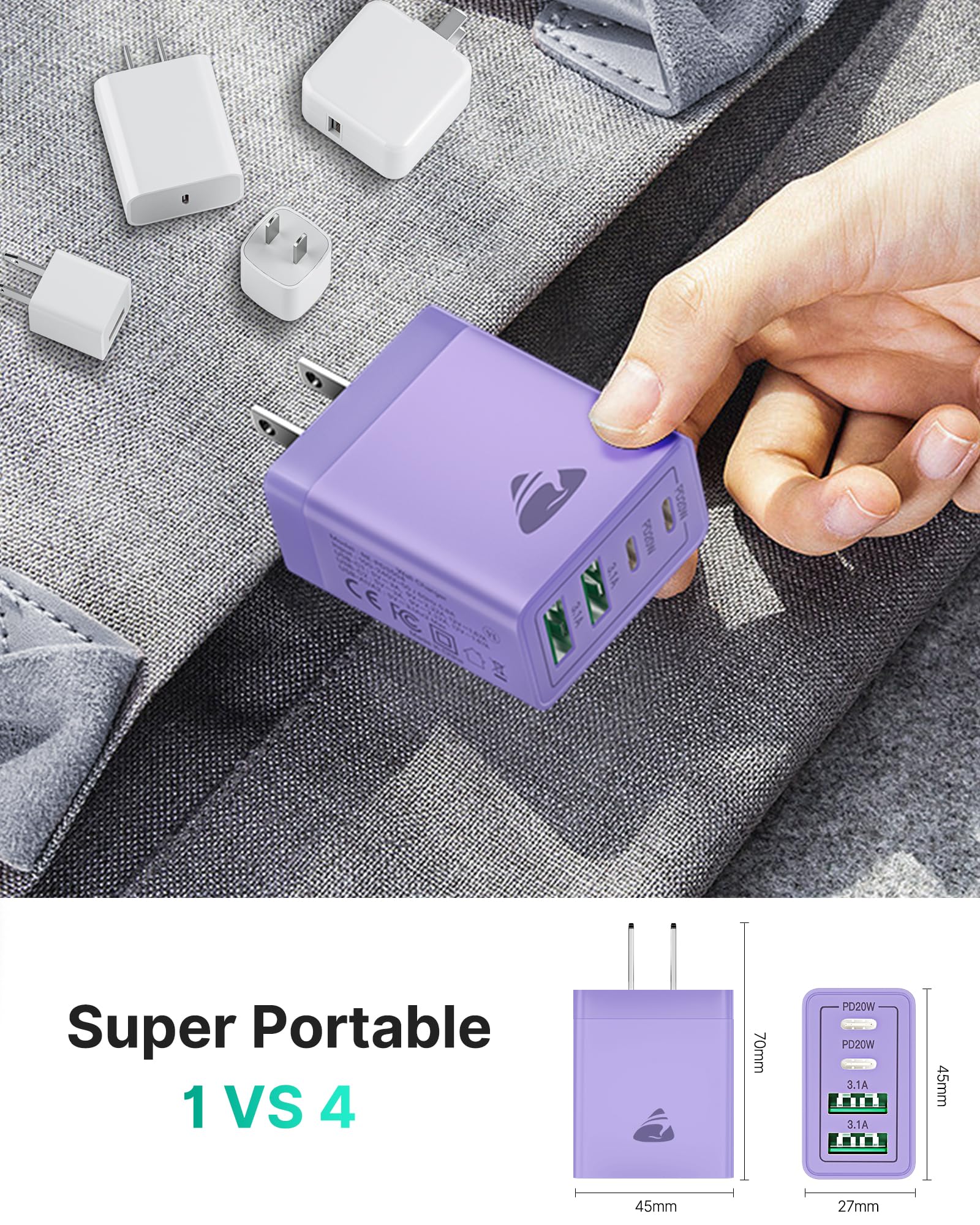 Aiminu - Bloque de cargador de pared USB C, paquete de 2 unidades, 40 W, 4 puertos, suministro de energía, adaptador de enchufe de bloque de carga rápida tipo C para iPhone 15/14/13/12/11/Pro Max,