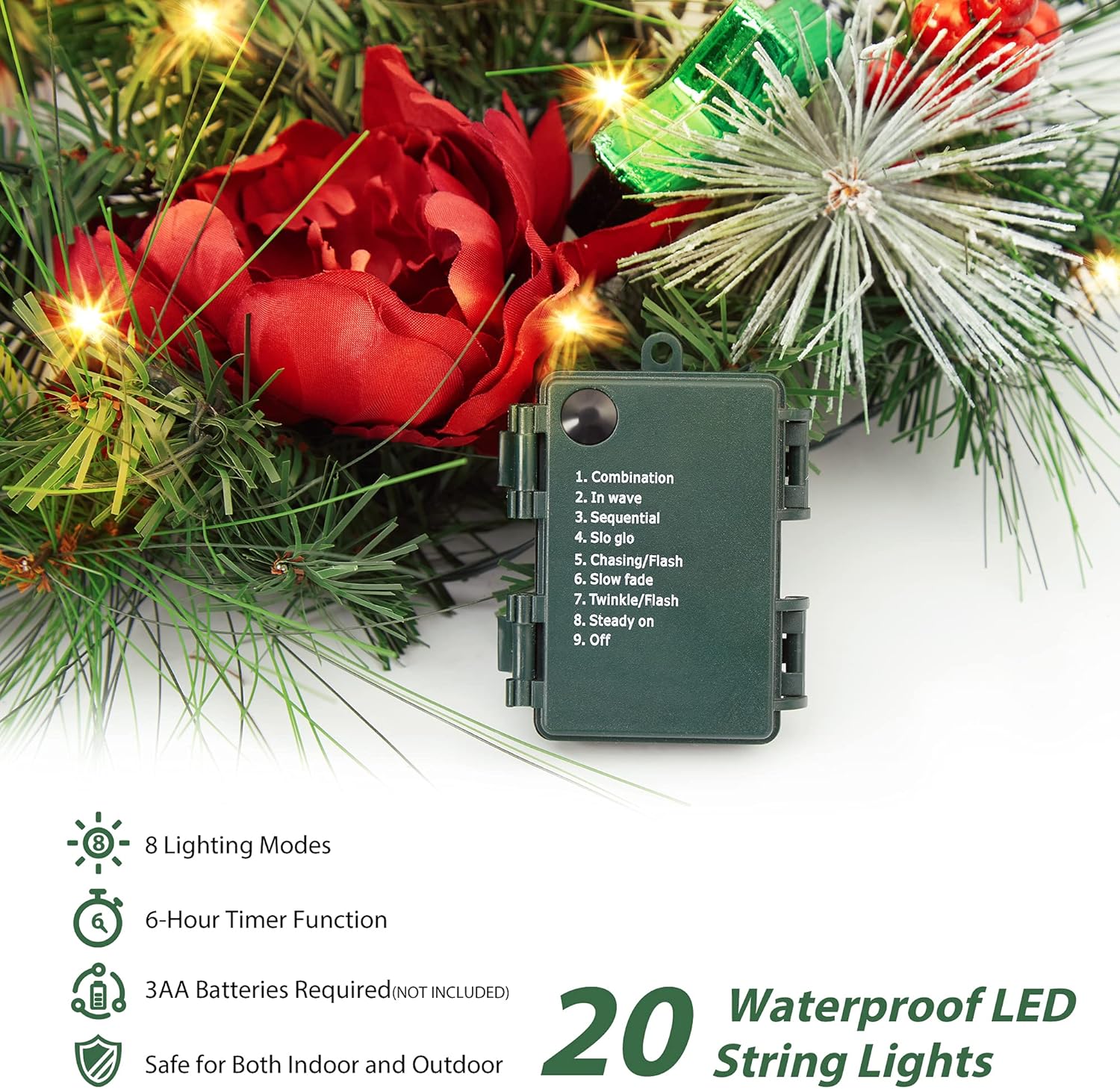 GarveeHome 24 in Pre-Lit Christmas Wreath for Front Door, Large Artificial Christmas Wreath, Battery Operated Lighted Xmas Wreath for Door Window Indoor Outside Xmas Home Decor, Red and Green - Image 4