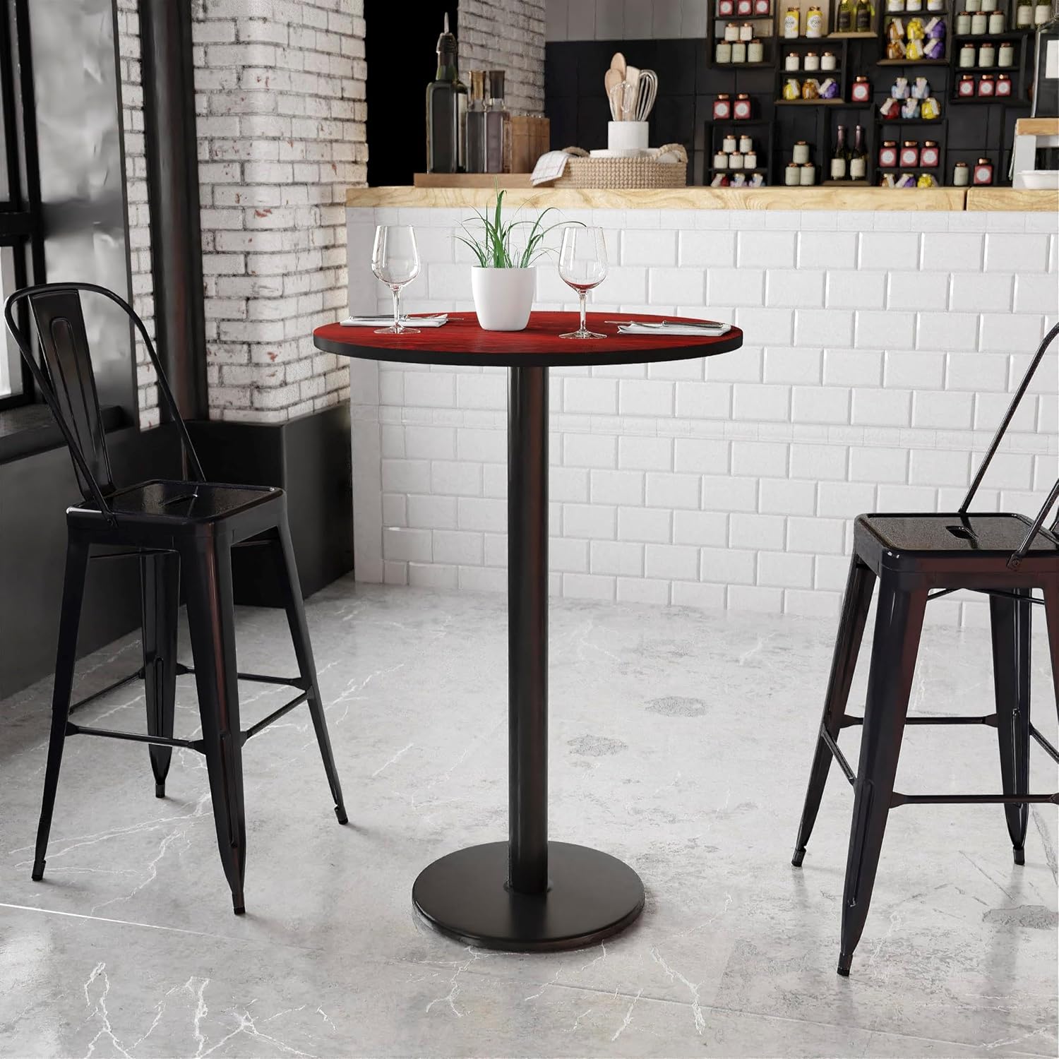 BOWERY HILL 30" Round Pub Table, Black and Mahogany Finish, Mahogany Laminate Top, Cast Iron Base, Protective Edging, Bar Height Table for Restaurant, Rec Room, or Home Use