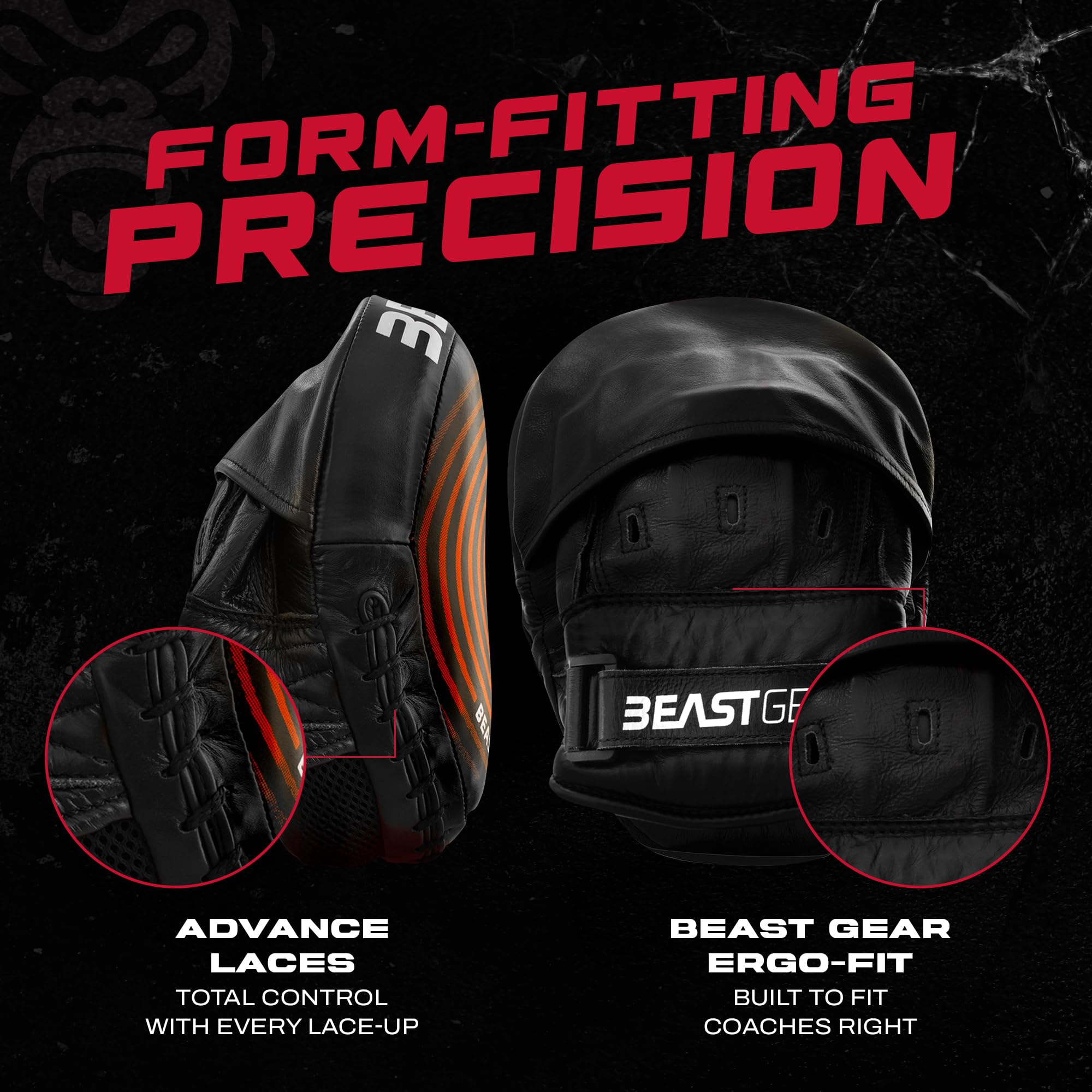 Beast Gear Almohadillas de boxeo de piel de vaca auténtica, diseño curvado con soporte de muñeca para MMA, Kickboxing y Muay Thai