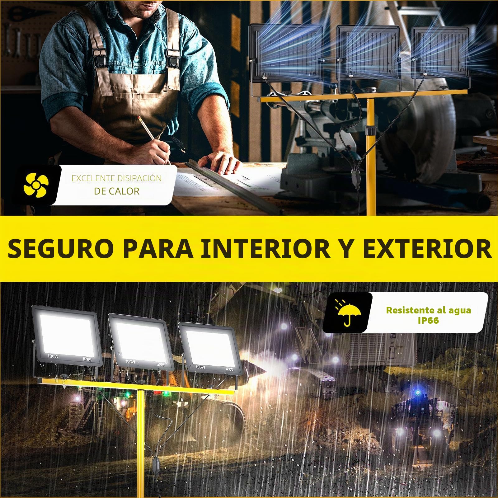 Foco de Trabajo LED 300W con Trípode Telescópico, 30000LM 6500K Foco de Trabajo LED con Enchufe Cable de 3m, Rotación de 360°, IP66 Impermeable Luz de Trabajo para Taller, Obras, Garaje