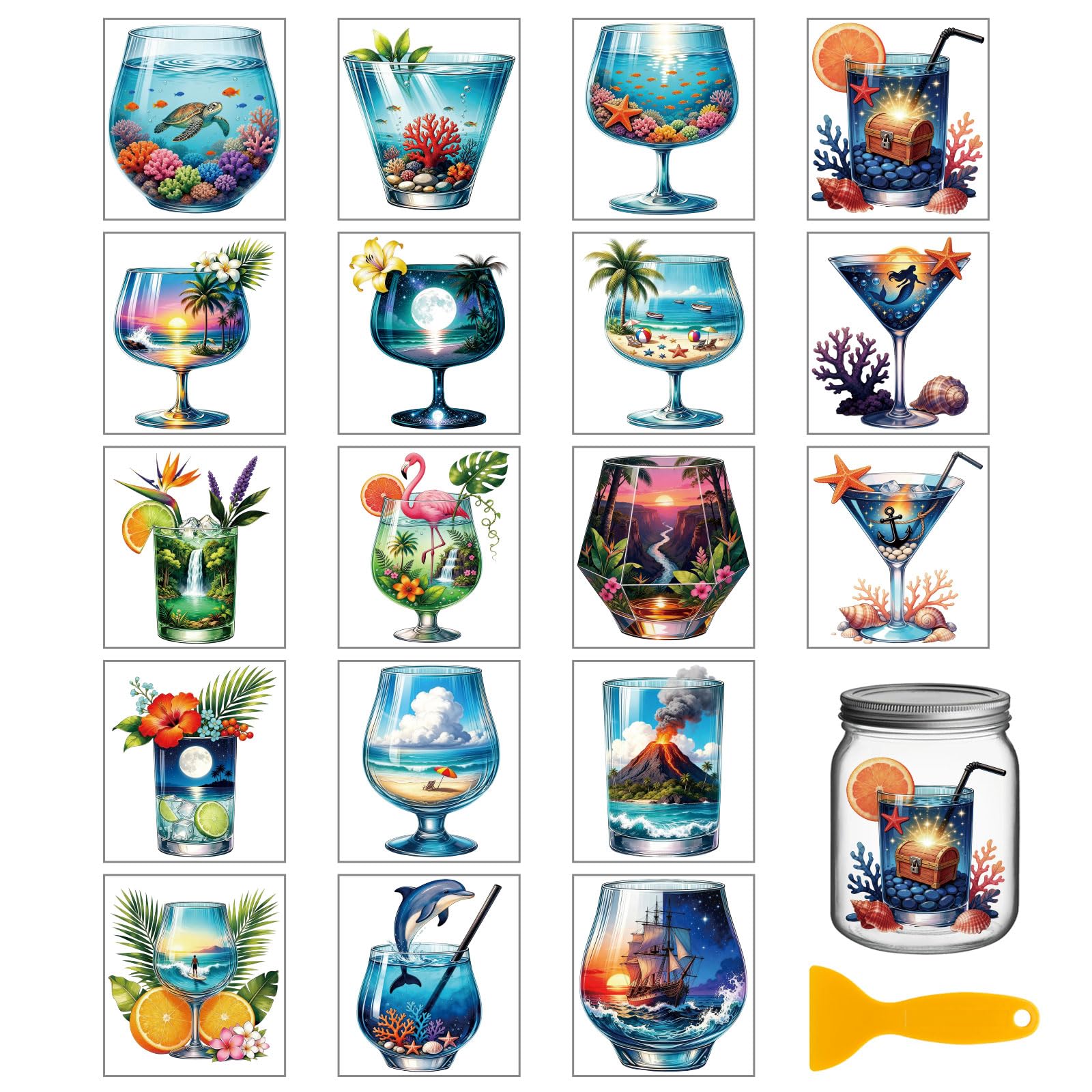 GLOBLELAND 18 Sheets Ocean Drinks Transfer Stickers Summer Underwater World Animals Rub on Transfer Watercolor Transfer Stickers Decals for Furniture Vase Glass Bottle Table Decor