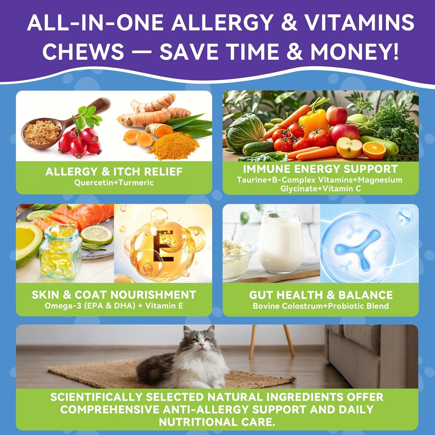 Cat Allergy Relief Chews Skin & Coat Support + Multivitamin with Omega-3 Probiotic Supports Seasonal Itching Licking & Scratching for All Breeds – 500 Chews Each, Chicken Flavor
