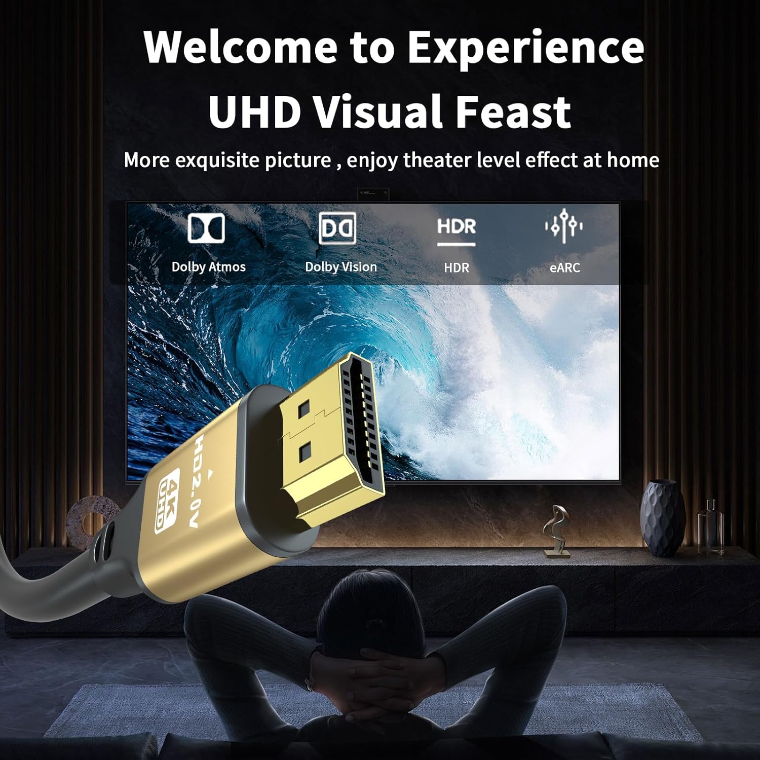 HDMI Cable 100ft, 4K@60Hz, 18Gbps High Speed HDMI 2.0 Cord, Ultra HD,Ethernet Audio Return,Video 4K,1080p,3D,Arc, HDR Compatible with Xbox,PS5/PS4,HDTV,Laptop ect(Gold)