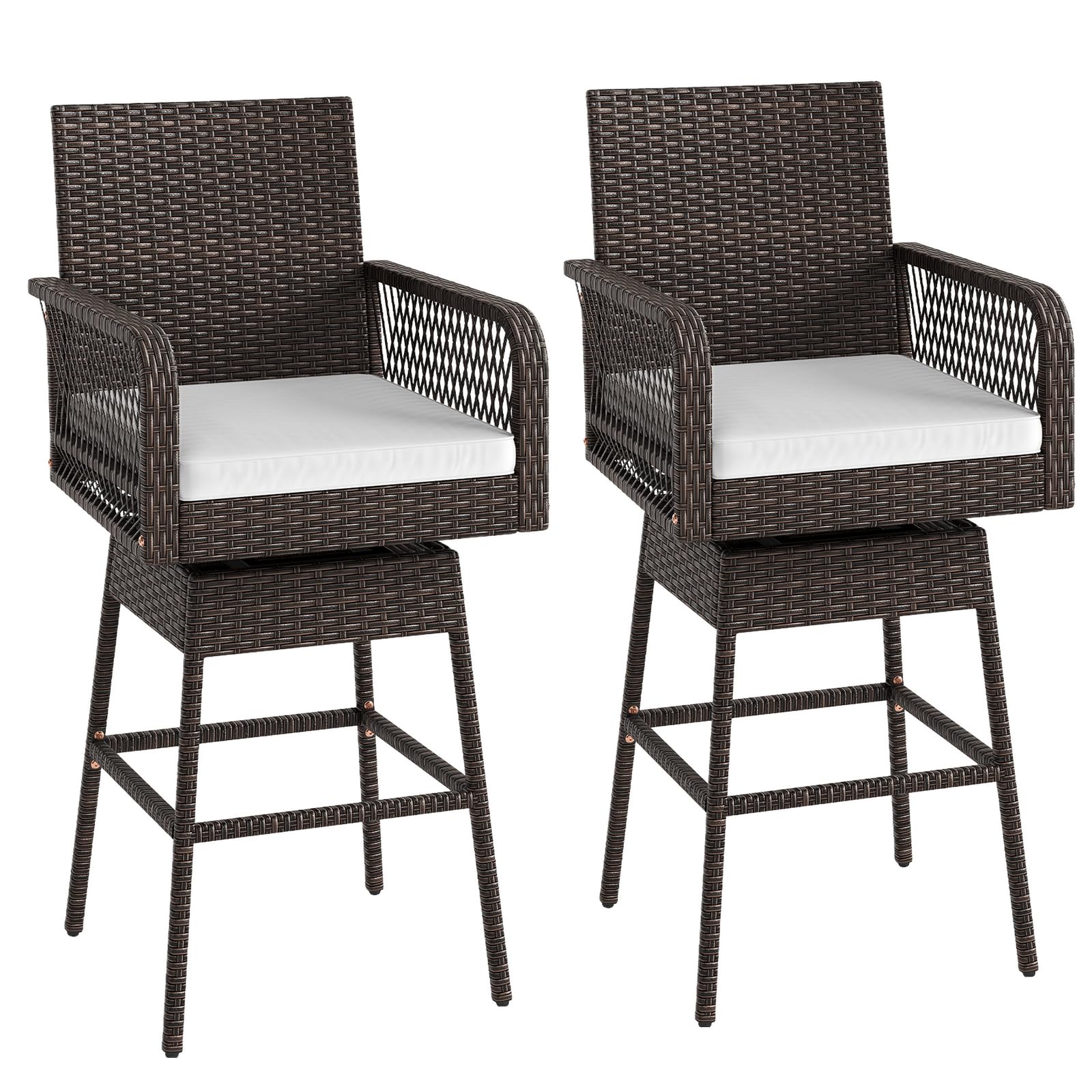 ORALNER Outdoor Wicker Swivel Bar Stools Set of 2, 29" Bar Height Patio Rattan Dining Chair with Armrests, Footrest & Seat Cushion, Metal Frame, for