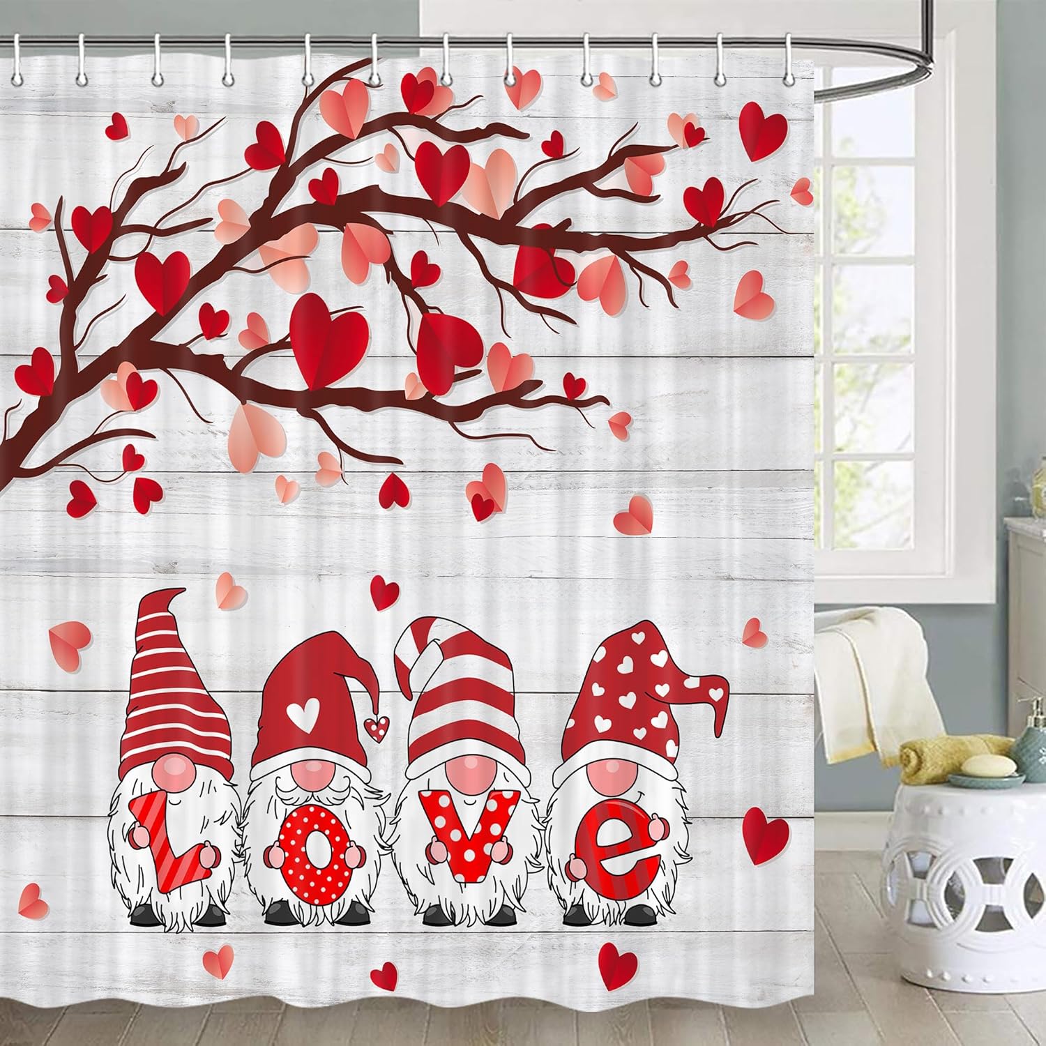 Viajar Valentines Shower Curtain Romantic Gnome Couple Red