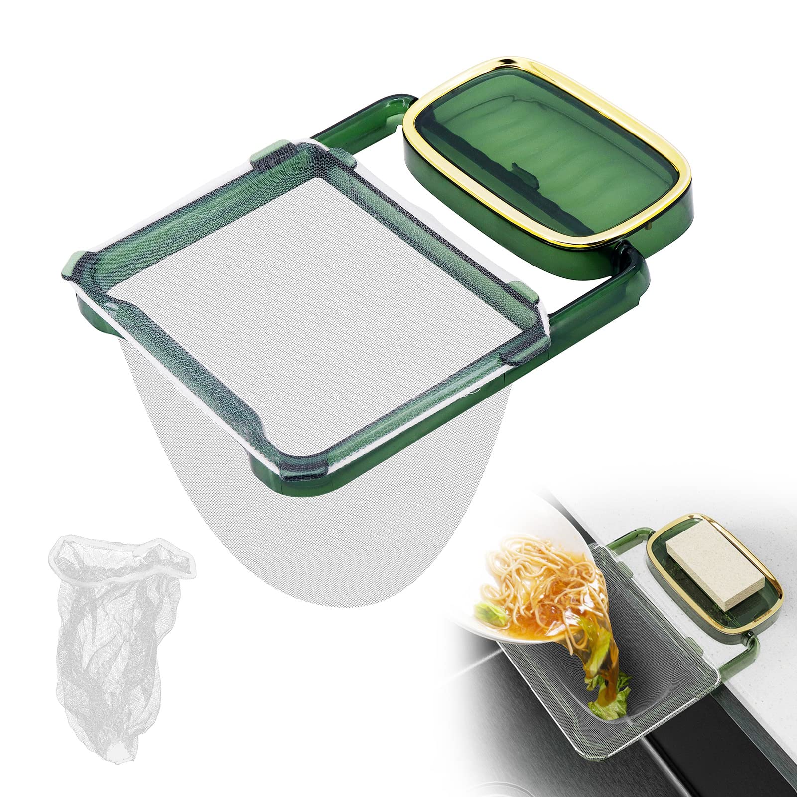 HenSych Collapsible Sink Strainer, Rack with 100pcs Disposable Filter Screen, Kitchen Sink Filter, Dark Green