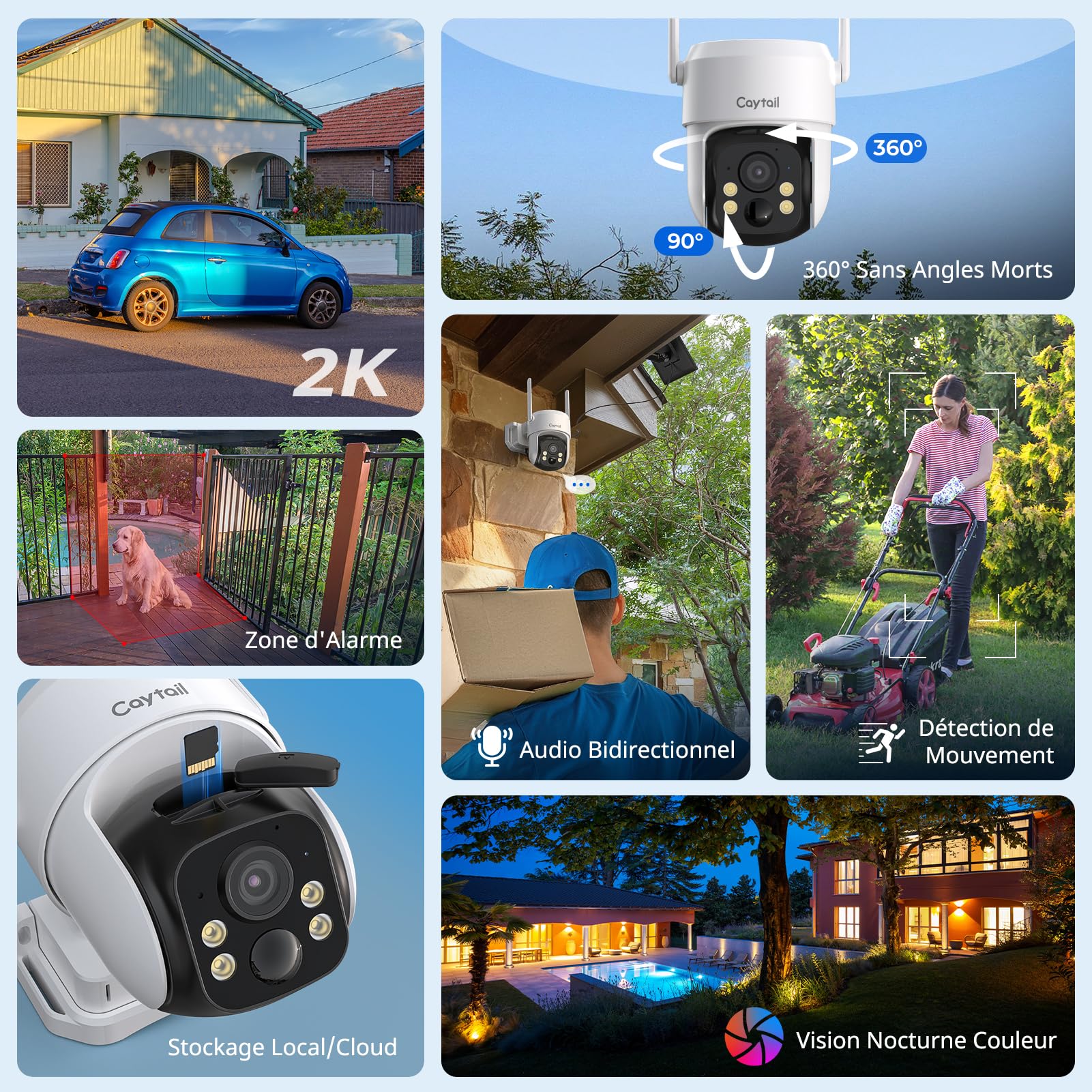 2K Camera Surveillance WiFi Exterieure sans Fil avec Panneau Solaire, 360° PTZ Camera Exterieur Batterie, 2.4Ghz, PIR Détection de Mouvement, Vision Nocturne Couleur, Audio Bidirectionnel