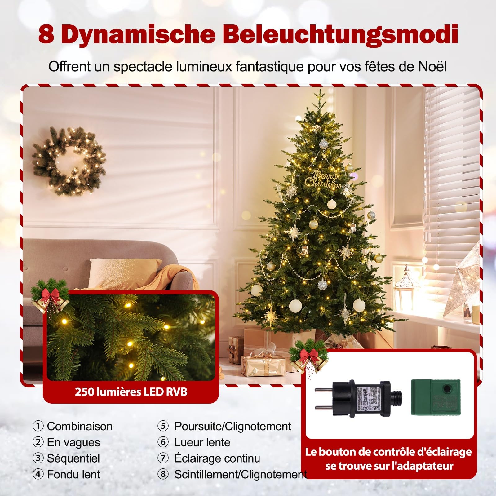 Sapin de Noël Artificiel de 180CM en PE & PVC avec 250 LED (Ø env. 124 cm) avec Neige, 1000 Pointes de Branches, Charnières en Métal & Support Pliable, Xmas Sapin pour Maison, Fête, Décoration de Noël