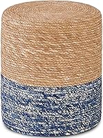 Wimarsbon Hand-Woven Natural Seagrass Round Ottoman Footstool - Boho Outdoor Seat, Stable Wood Frame for Living Room (Natural & Blue)