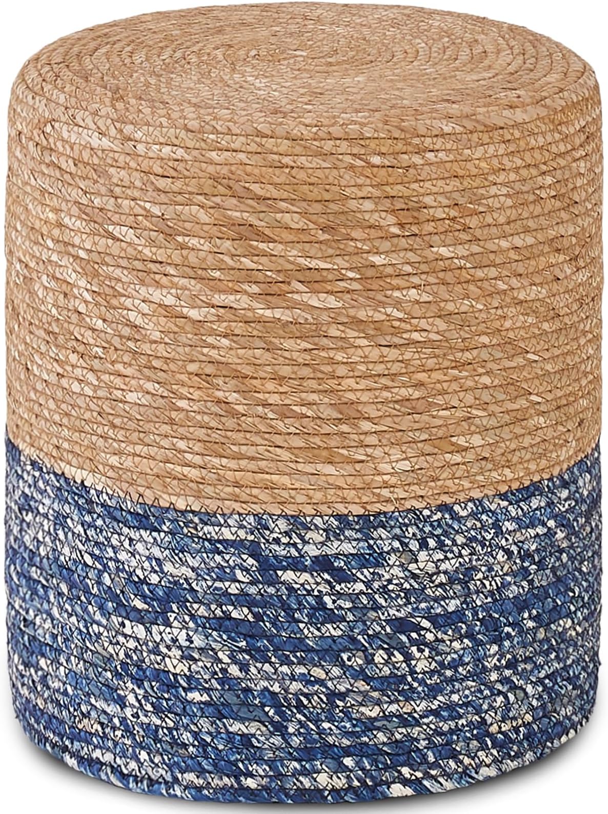 Wimarsbon Natural Seagrass Foot Stool, Hand Weaving Round Ottoman, for Living Room, Outdoor Seat (Natural & Blue)