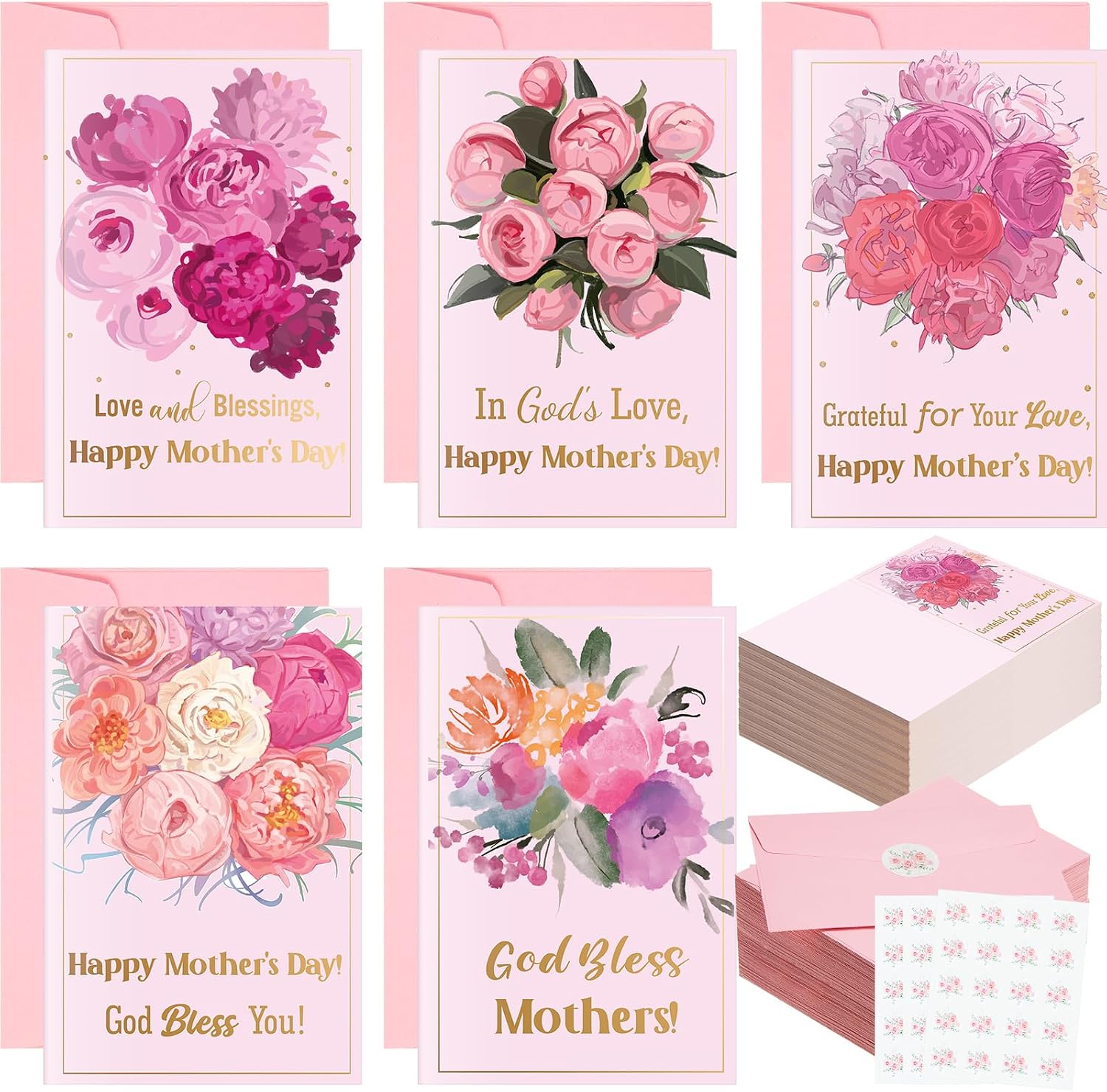 Motiskyy 50 Pcs Religious Mother's Day Cards with Scripture Floral Happy Mother's Day Wishes Greeting Cards Bulk Blank Notecard with Envelope and Sticker for Mom Grandmother Women Birthday Gift Supply