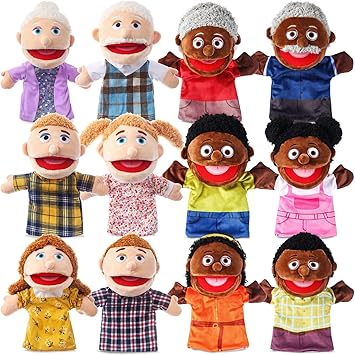 12 Pcs Family Hand Puppets 12 Inch Grandparents Mom Dad Brother Sister Plush Toys Role-Play Toy Puppets for Kids Storytelling Imaginative Pretend Play Teaching Preschool(Multicultural Family)