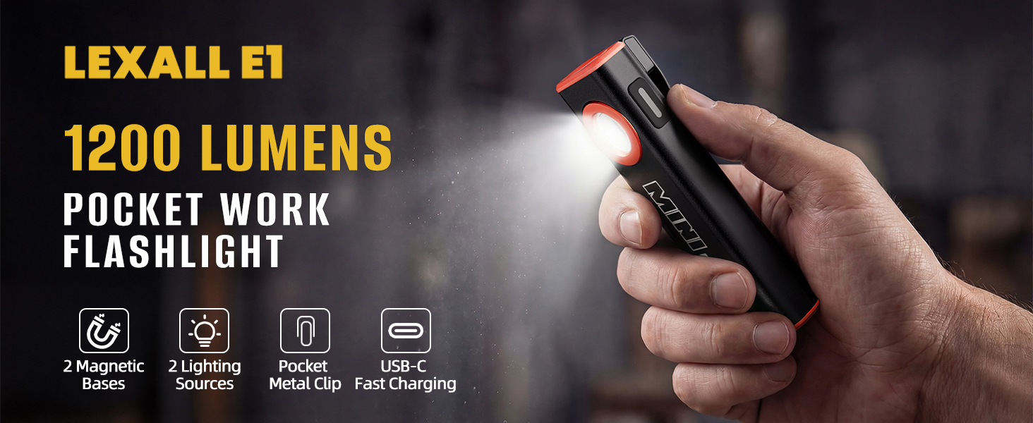 Image of lexall Flashlight, 1200 Lumens Mini Magnetic Flat EDC Flashlight with Clip, 1200mAh Rechargeable Portable Ultra-Light Bright Waterproof Pocket Light for Working, Camping, Repairing, Emergencies