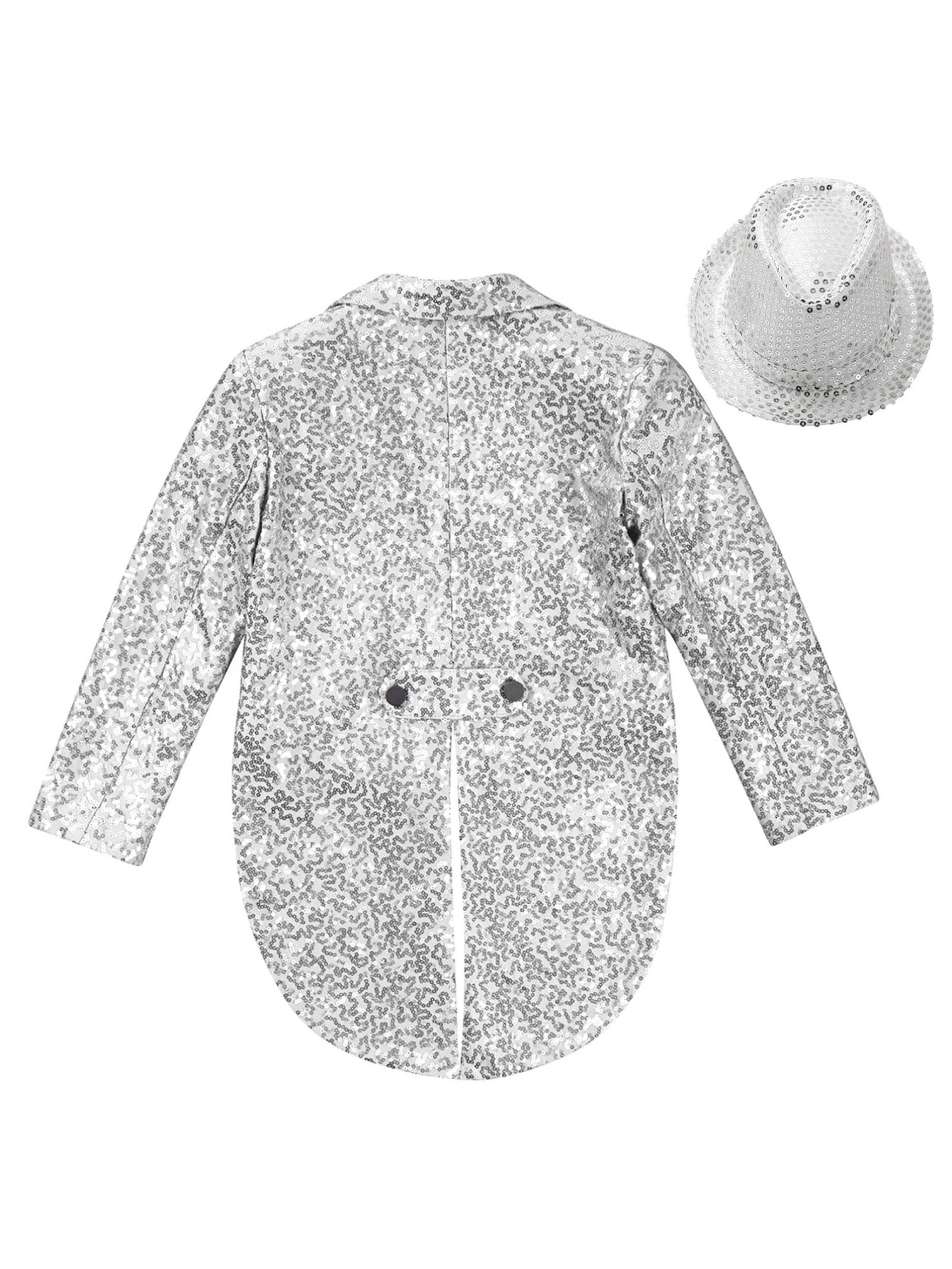 YiZYiF Ragazzi Paillettes Frac Giacca Cappotto Manica Lunga Gentiluomo Vestito Giacca Circo Costume Ringmaster Uniforme con Cappello