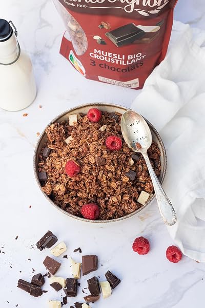 Charles Vignon - Muesli Bio Croustillant aux 3 Chocolats - 375 g - Riche en Fibres, Fabriqué en France, Sachet Refermable - 3