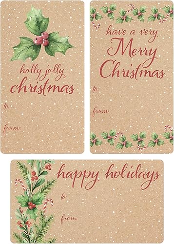 Greenery - Etiquetas de regalo de Navidad, autoadhesivas, 75 etiquetas, etiquetas de regalo navideñas en papel kraft