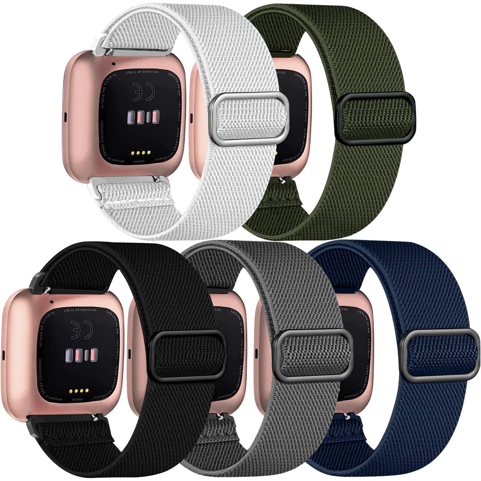 Chinber 5 Pack Bands Compatible with Fitbit Versa 2 Bands, Soft Adjustable Nylon Sport Band for Fitbit Versa Smart Watch Women Men