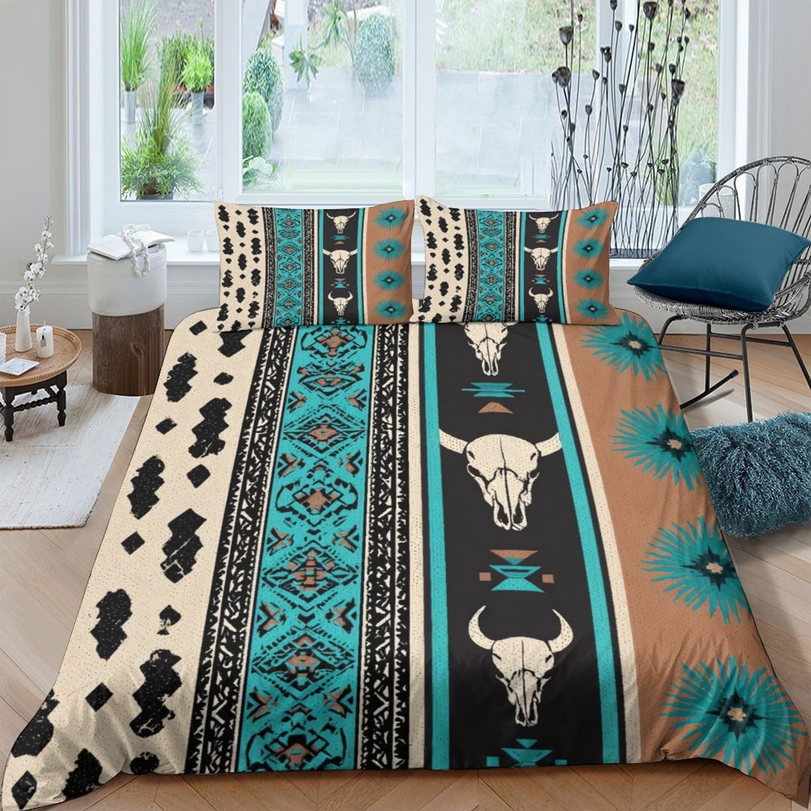 Ctjqhvkz Style-7 3D Printed Western Aztec Fitted Sheet Microfiber Soft Breathable Turquoise Bull Skull Bed Cover For Bedroom Dorm Decor Single（135X200cm）