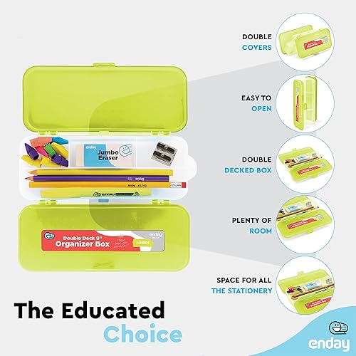 Miniatura 2 de Enday Caja de lápices verde, estuche de plástico de doble cubierta con 7 compartimentos, organizador de caja con cierre a presión para el hogar y la