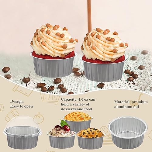 Miniatura 5 de Mini moldes para pasteles con tapas, 50 forros para cupcakes de 4 onzas con tapas, moldes desechables para hornear, moldes de aluminio con tapas,