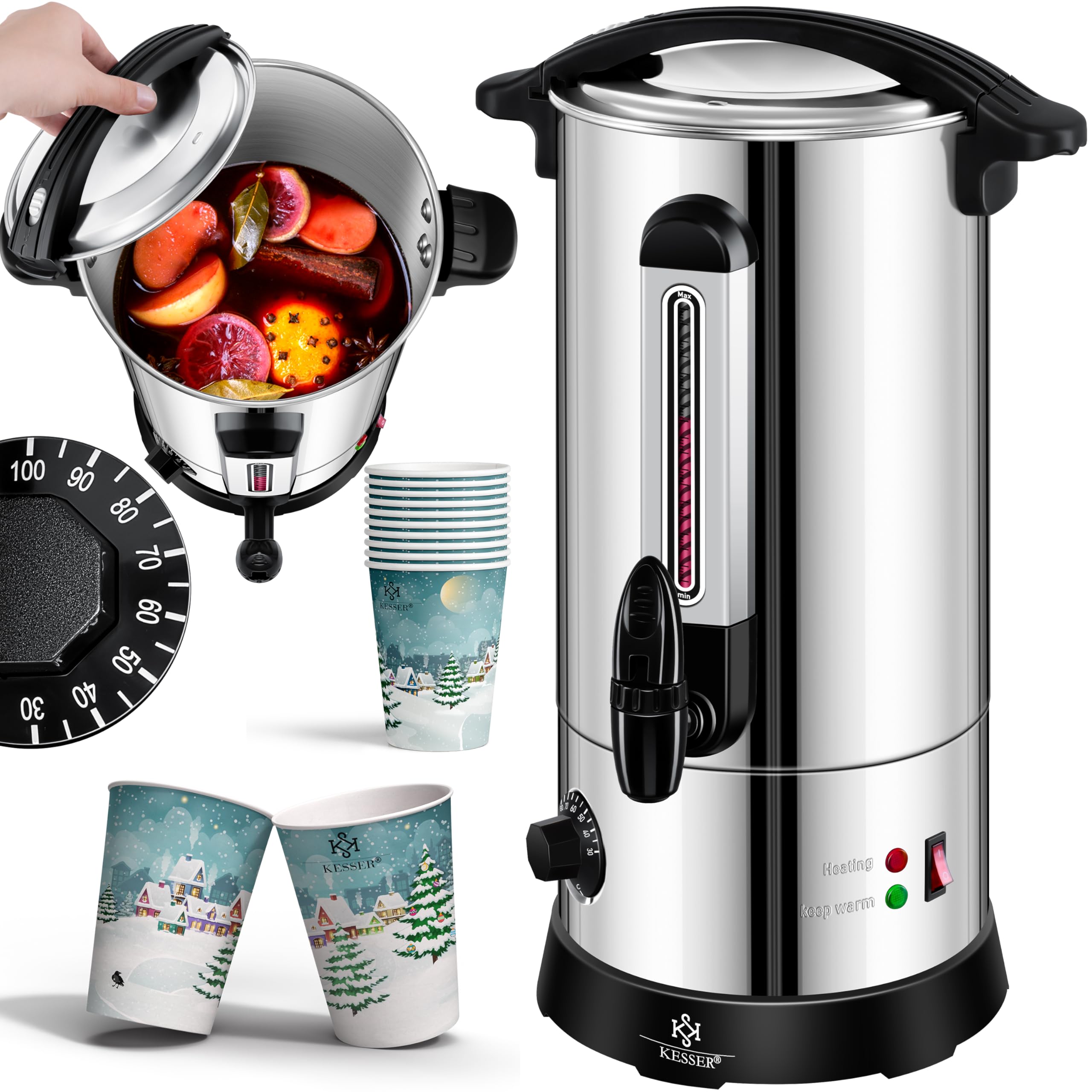KESSER® Bollitore per vin brulé, 10 l, in acciaio inox, con 10 bicchieri per vin brulé, con termostato, macchina per bevande calde, distributore automatico di acqua calda, indicatore di livello