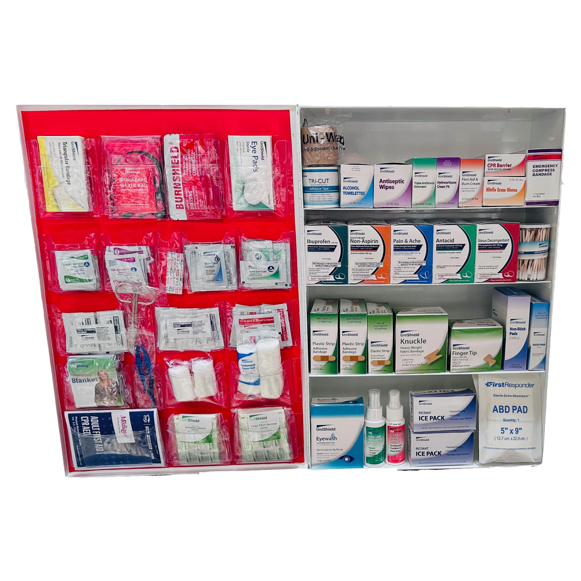 UniShield 4-Shelf Metal 1st Aid Cabinet Class A, Large Capacity First Aid Wall Mount Medicine Cabinet, Secure Metal Med Box with Easy Access, Exceeds OSHA/ANSI Z308.1 2015, Over 1,250-Pieces