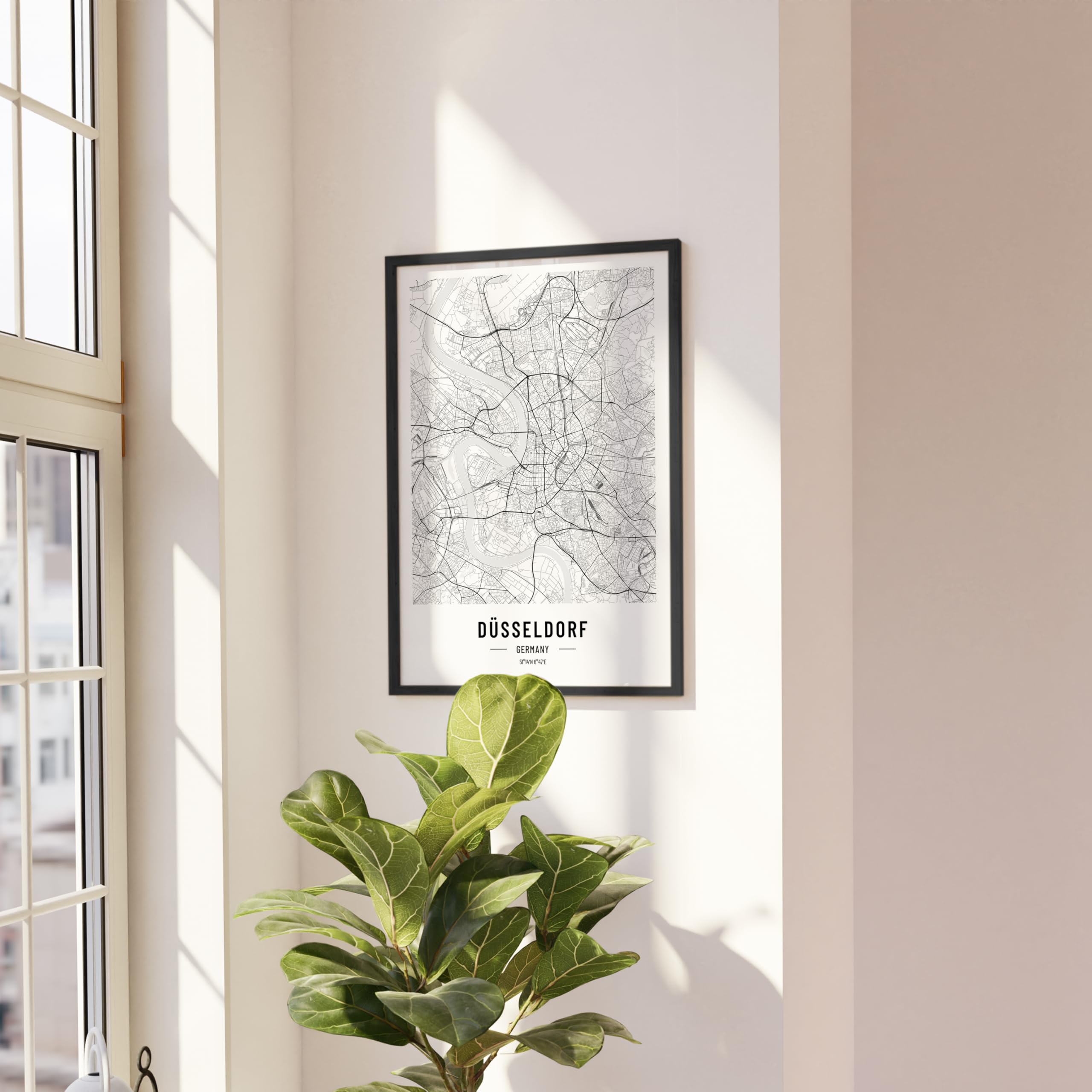 JUNOMI® Düsseldorf Poster DIN A2 mit Rahmen Schwarz, DIN A2 Wohnzimmer Deko, Modernes Wandbild, Düsseldorf Bild, Wandbild mit Rahmen, Stadtplan Poster Düsseldorf, perfekte Geschenkidee