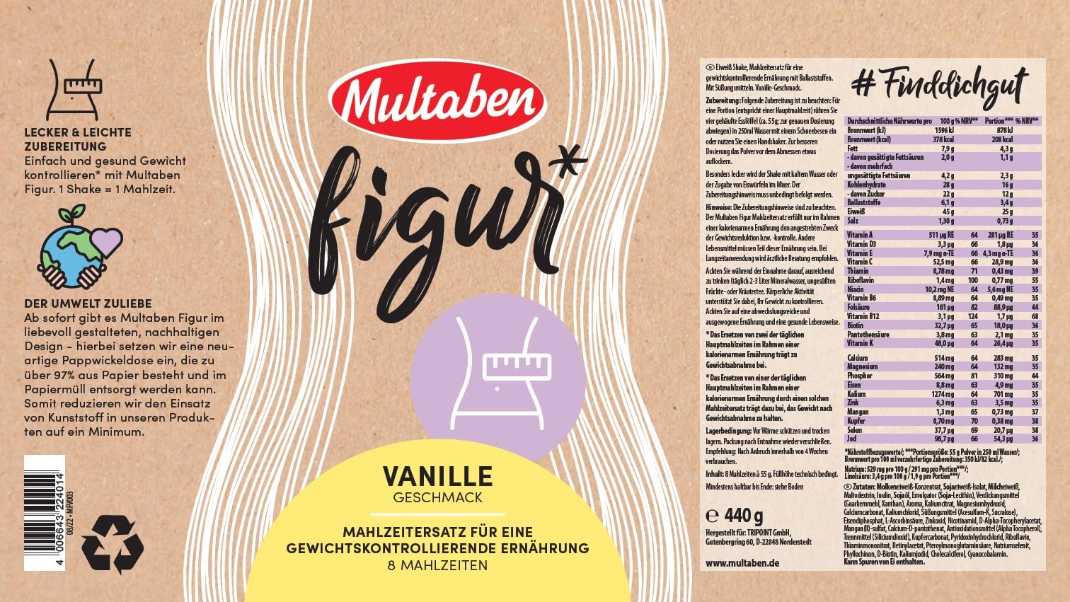 Multaben Diät Shake – proteinreicher Abnehm Shake für eine Eiweiß Diät –Vanille-Geschmack mit Vitaminen und Mineralstoffen – sättigender Diät Drink als hochwertiger Nahrungsersatz - 3 x 440g | Eiweiß-Diät – Mit Vitaminen & Mineralstoffen – Sättigend – Hoc