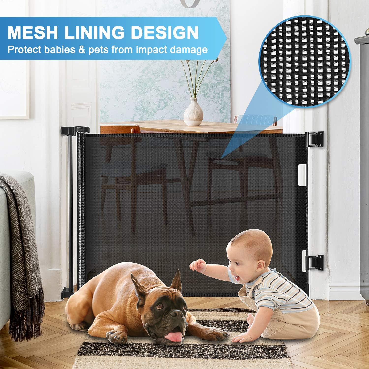 Baby Gate Extra Wide 65" Space Saving Retractable Mesh Gates for Kids or Pets with 2 Sets of Mounting Hardware Movable Indoor Outdoor Dog Gates for Doorways, Stairs (35" Tall x 65" Wide)