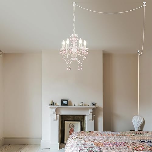Miniatura 8 de Candelabro blanco enchufable rosa con detalles de cristal rosa, lámpara de araña de 4 luces de cristal