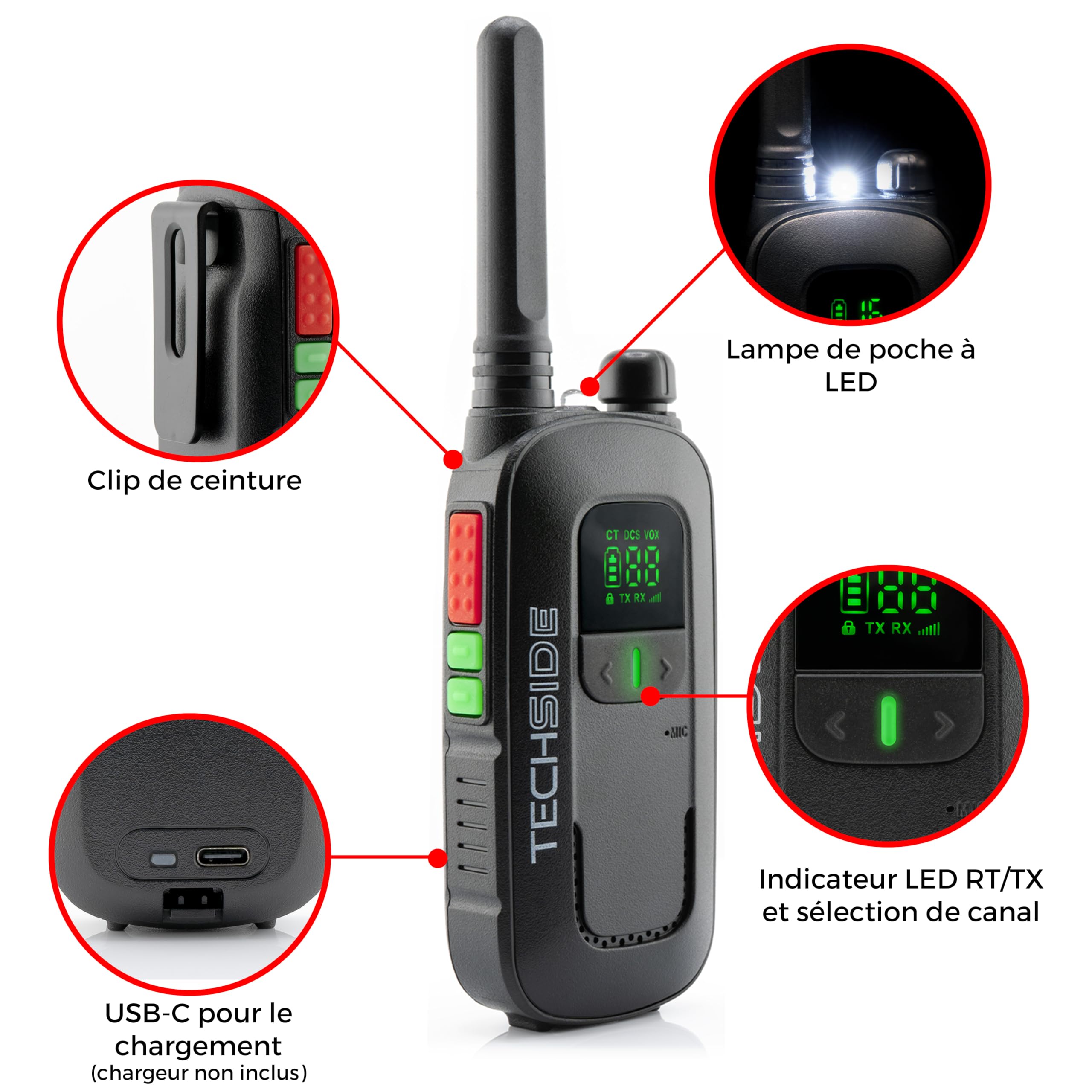Techside TS-T2 Talkie-Walkie PMR446 16 Canaux VOX 5 Niveaux Lot de 2 Pièces