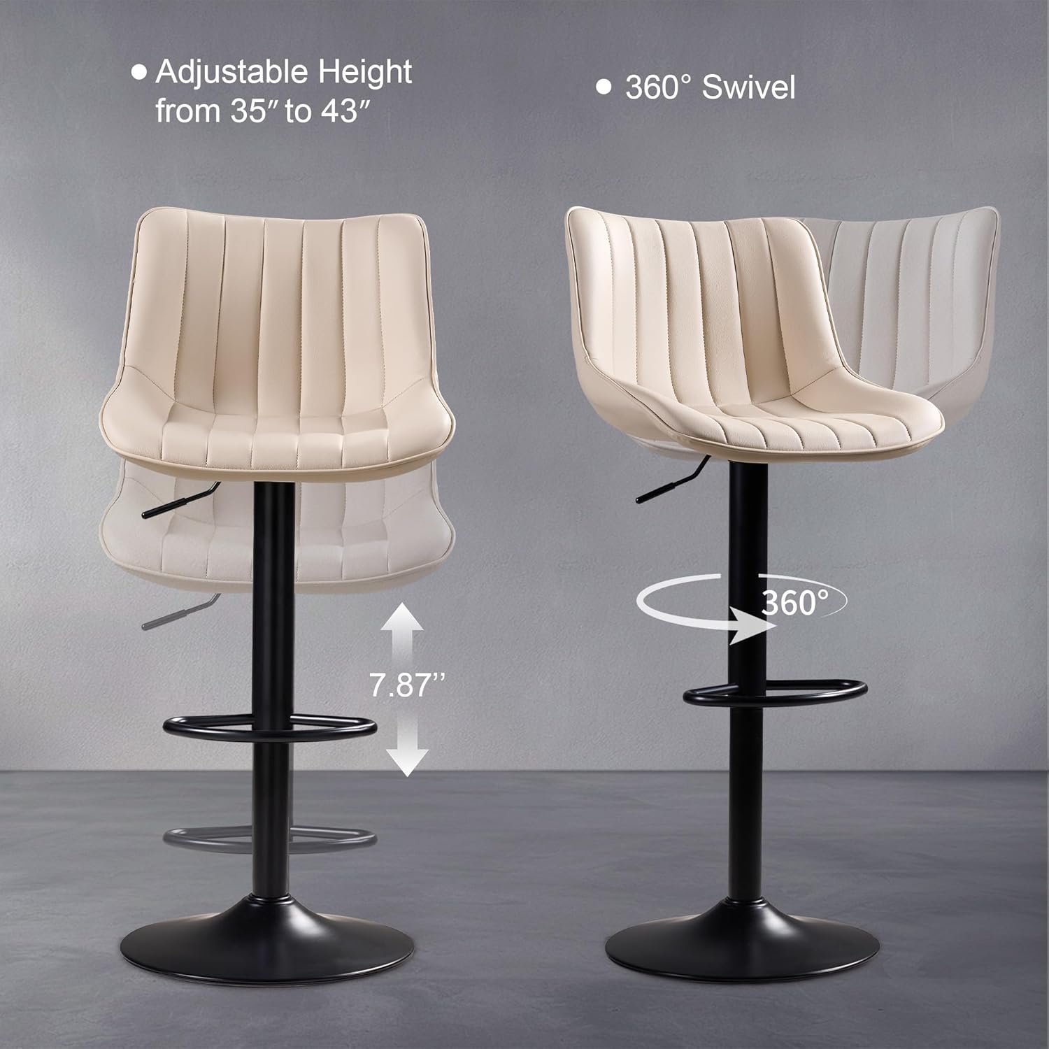 Bar Stools Set of 2, Swivel Counter Height Bar Stools, Adjustable PU Leather Bar Chairs with Back and Footrest, Modern Armless Counter Stools, Island Chairs for Bar Kitchen, Ivory