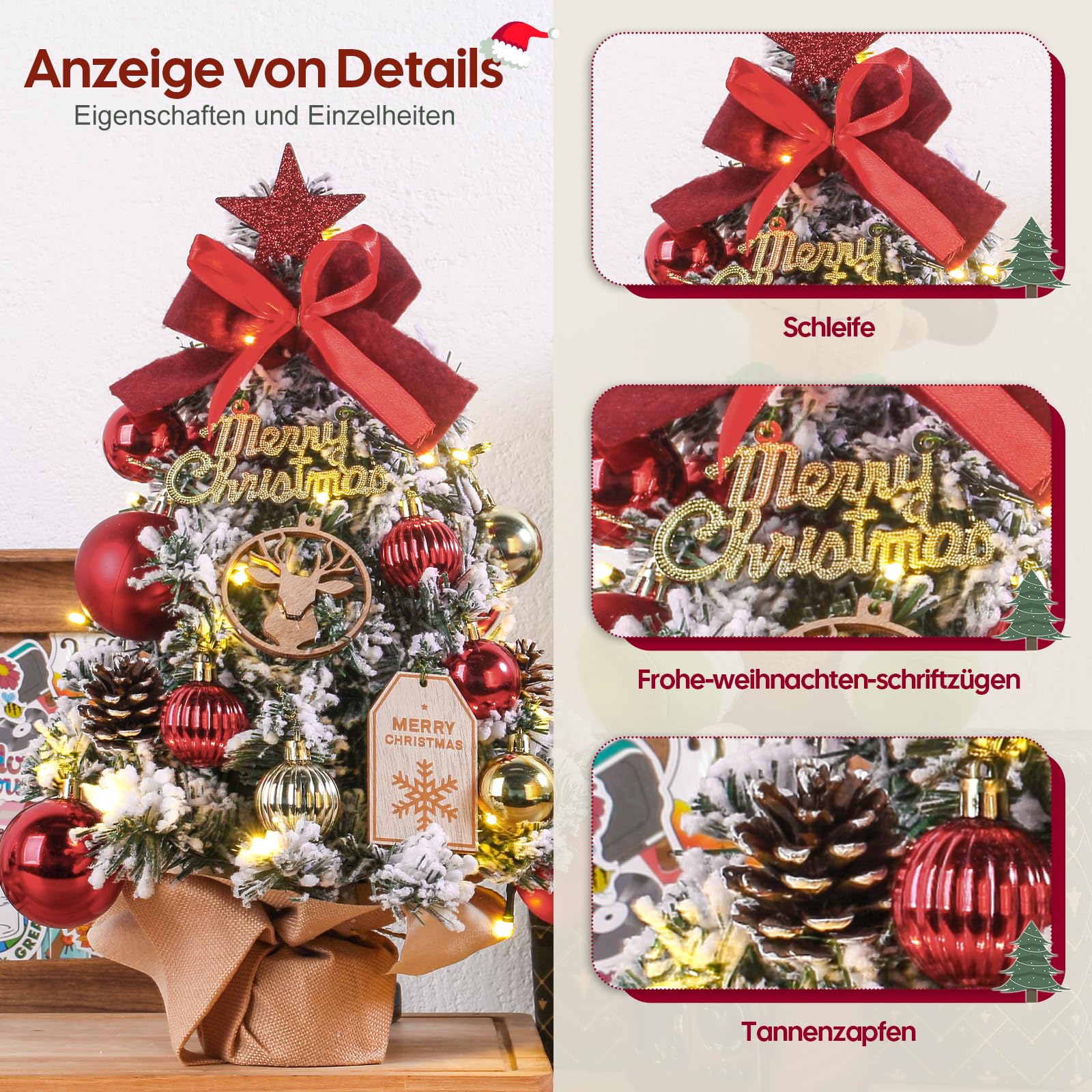 Dewur Mini Weihnachtsbaum Kleiner Beleuchtung LED Tisch künstlich geschmückt für Weihnachten Deko (40cm Rot mit Gold)