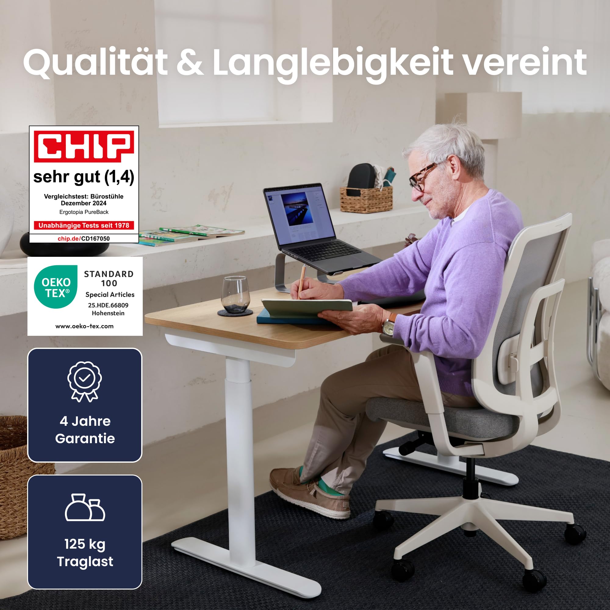Ergotopia PureBack ergonomischer Bürostuhl – Schreibtischstuhl ergonomisch mit 4D-Armlehnen & Synchronmechanik – Bürostuhl ergonomisch Testsieger – Bequemer Büro Drehstuhl für gesundes Sitzen