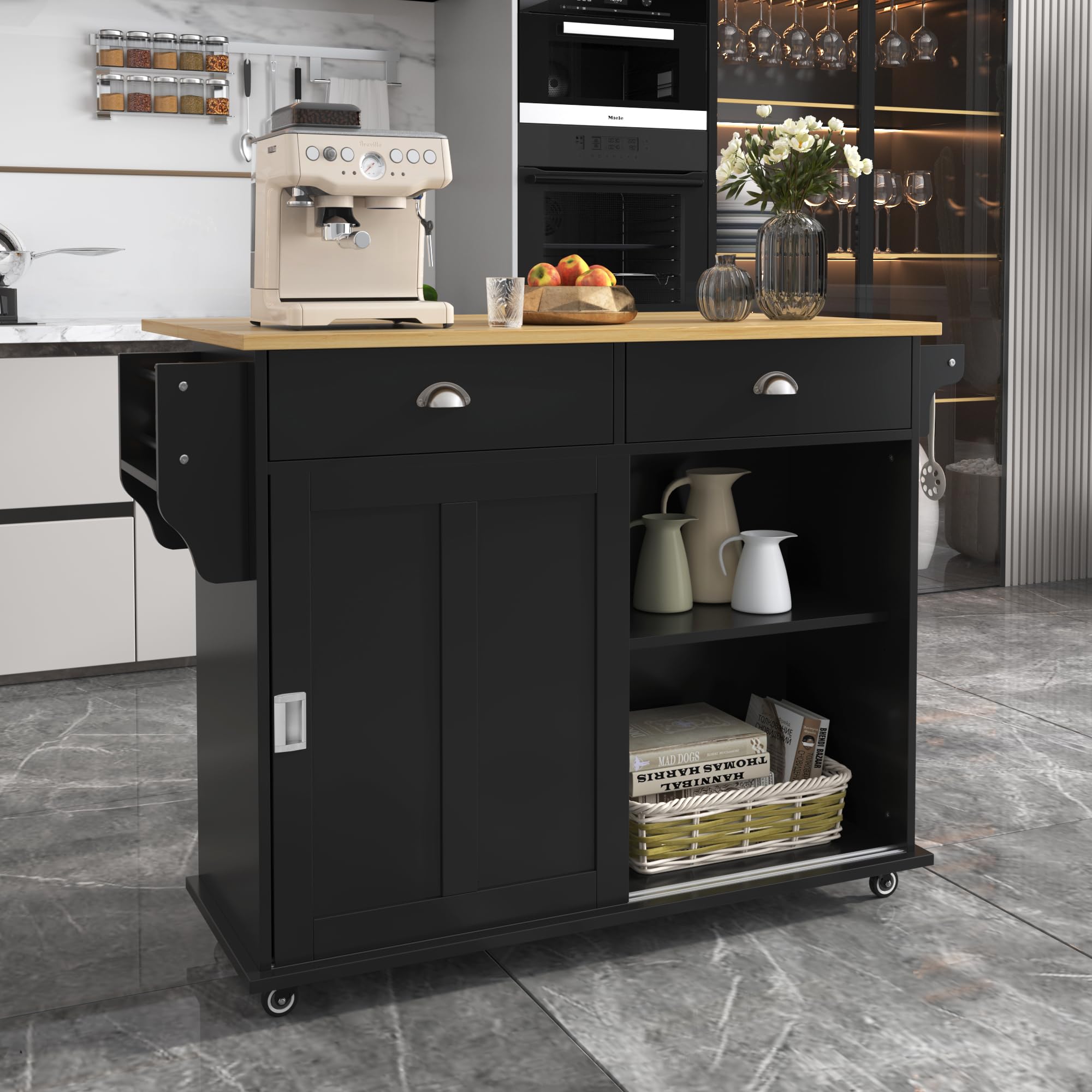 Huayz Isla de cocina independiente con encimera plegable, armario de cocina, con 4 ruedas, con puerta corredera y 2 cajones, para comedor 112 x 40 (70) x 94 cm (negro)