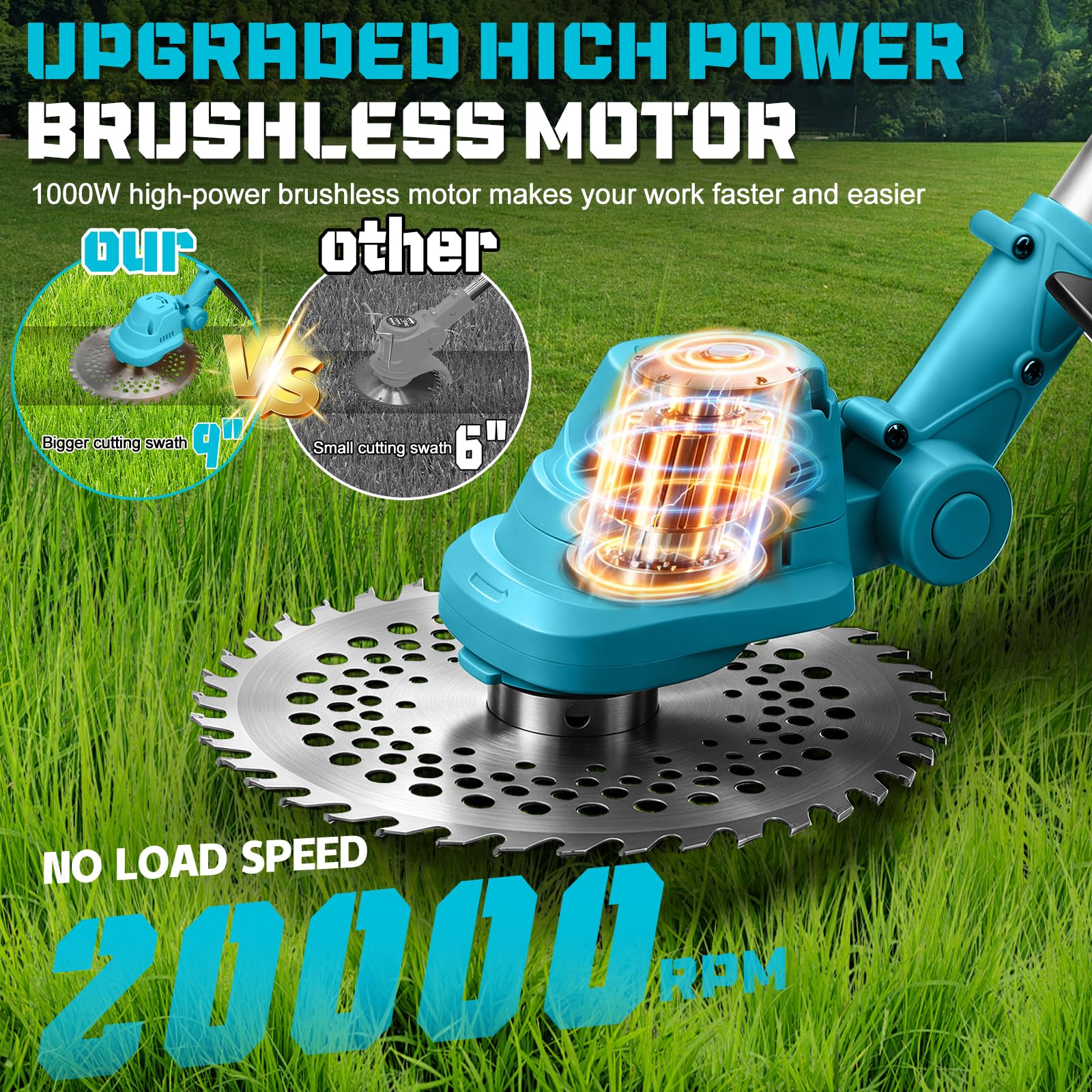 Cortacésped y bordeadora inalámbrica de 9 Pulgadas, 2 baterías de 3000 mAh, 20 000 RPM, Cabezal Giratorio de 90°